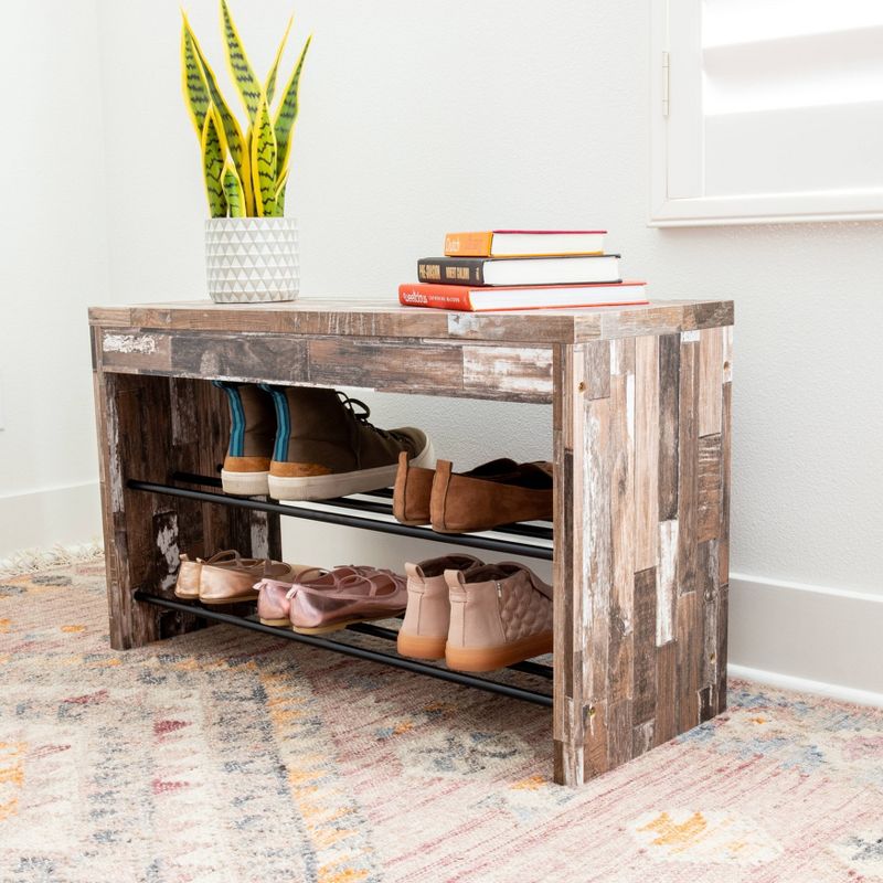 Industrial Shoe Bench with Metal Storage Racks Distressed Wood - Danya B.