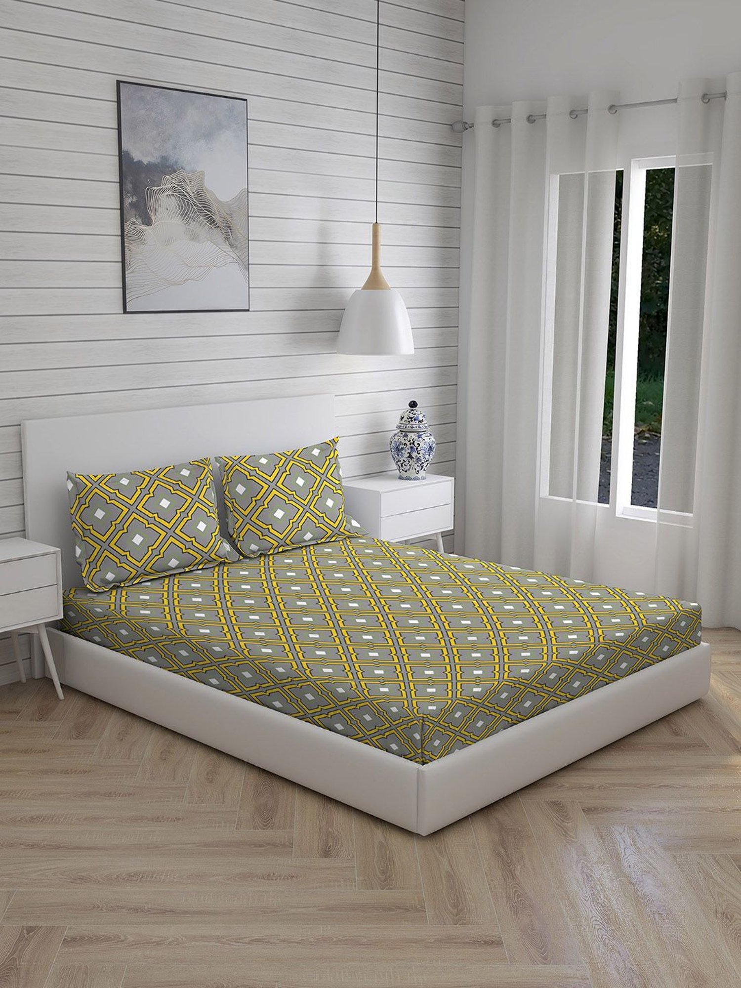 Layers Tuscany Printed Light Grey 104 TC Cotton King Bed Sheet with 2 Pillow Covers