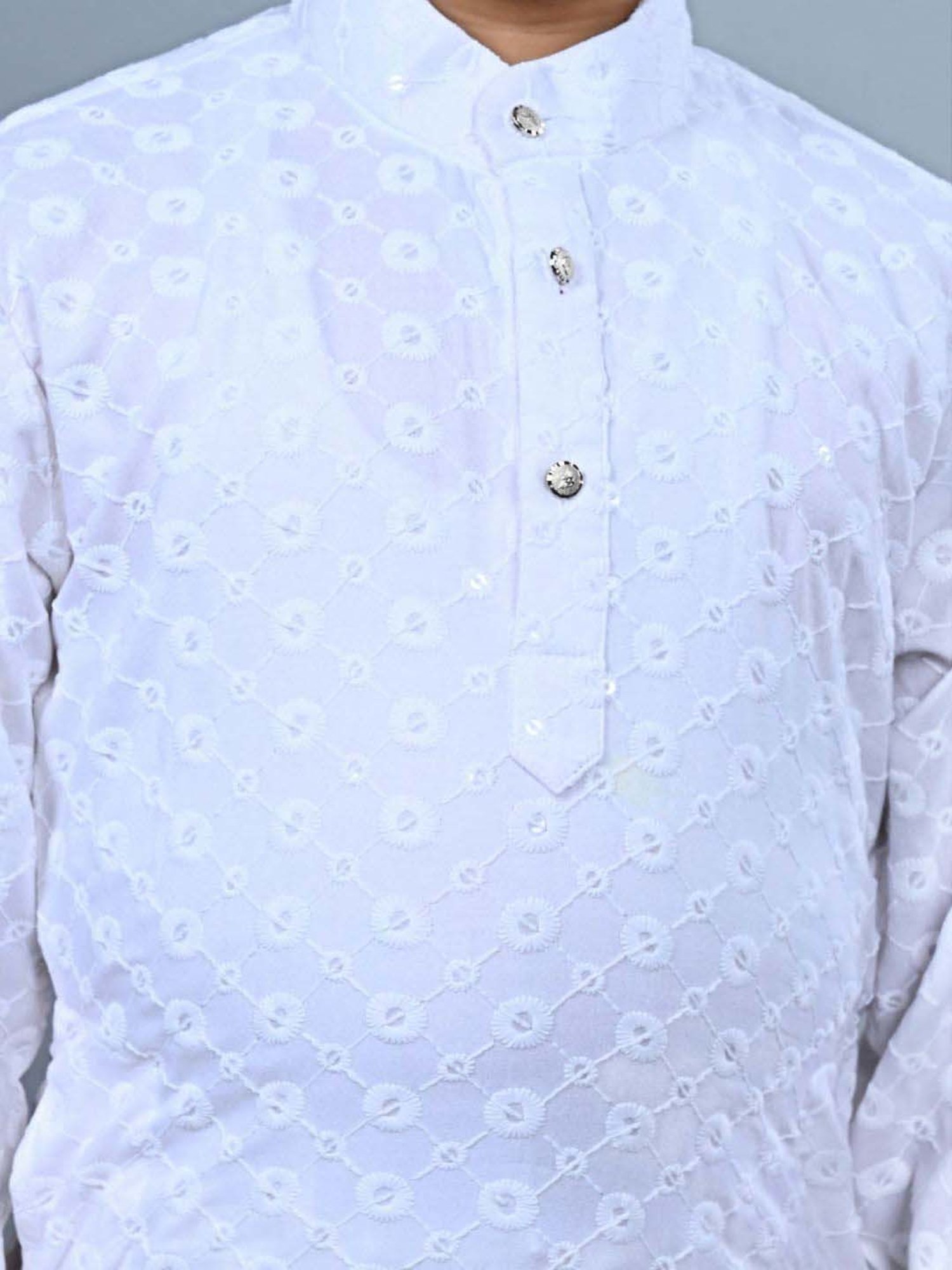 Ahhaaaa Kids Blue & White Cotton Embroidered Full Sleeves Kurta Set