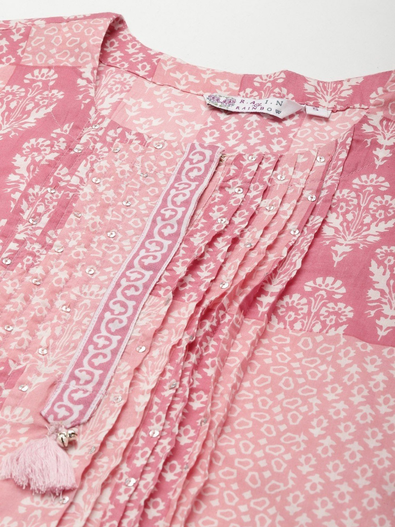 Rain and Rainbow Pink & White Cotton Printed Kurta Pant Set With Dupatta