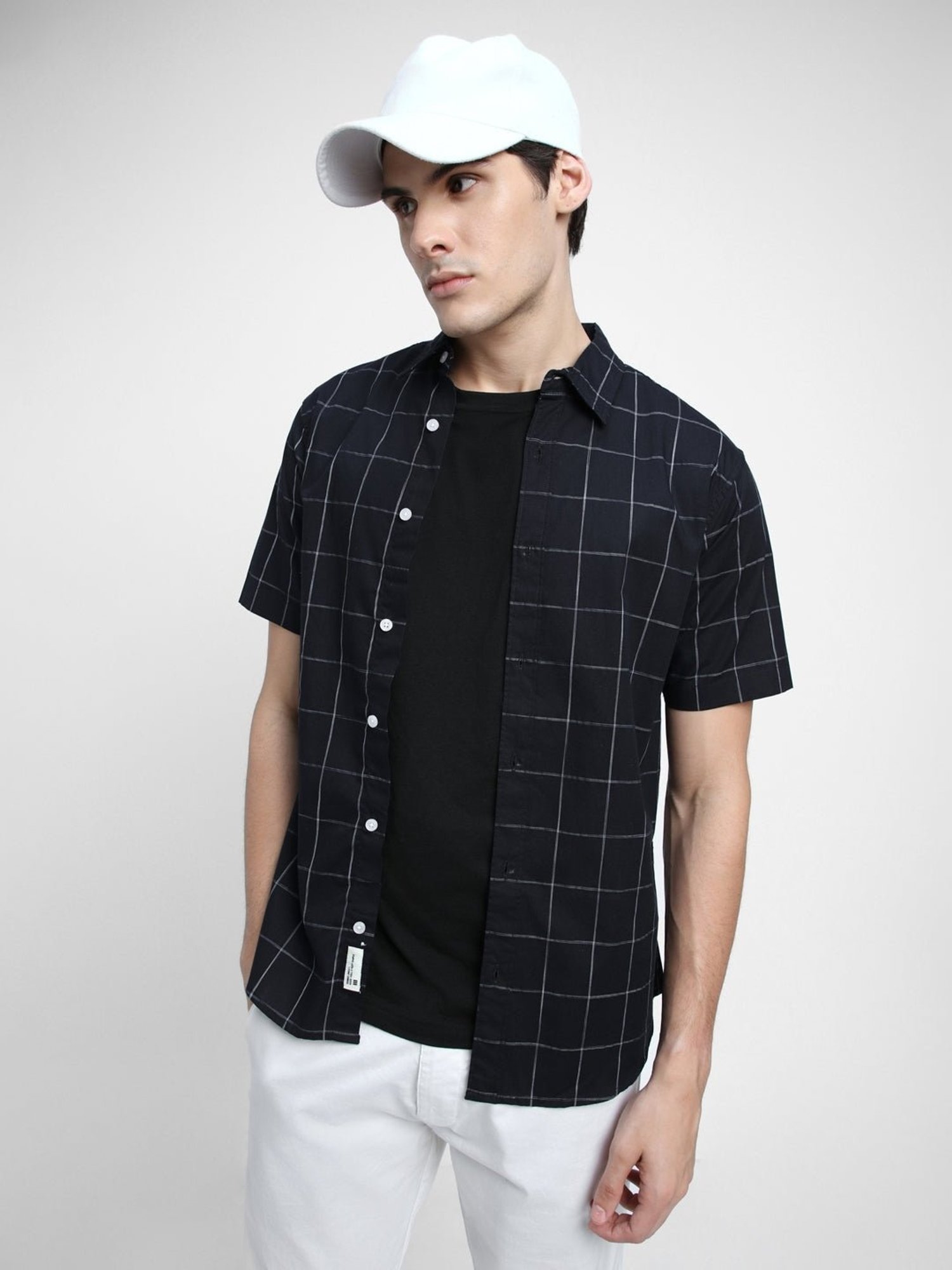 Dennis Lingo Navy Cotton Slim Fit Checks Shirt