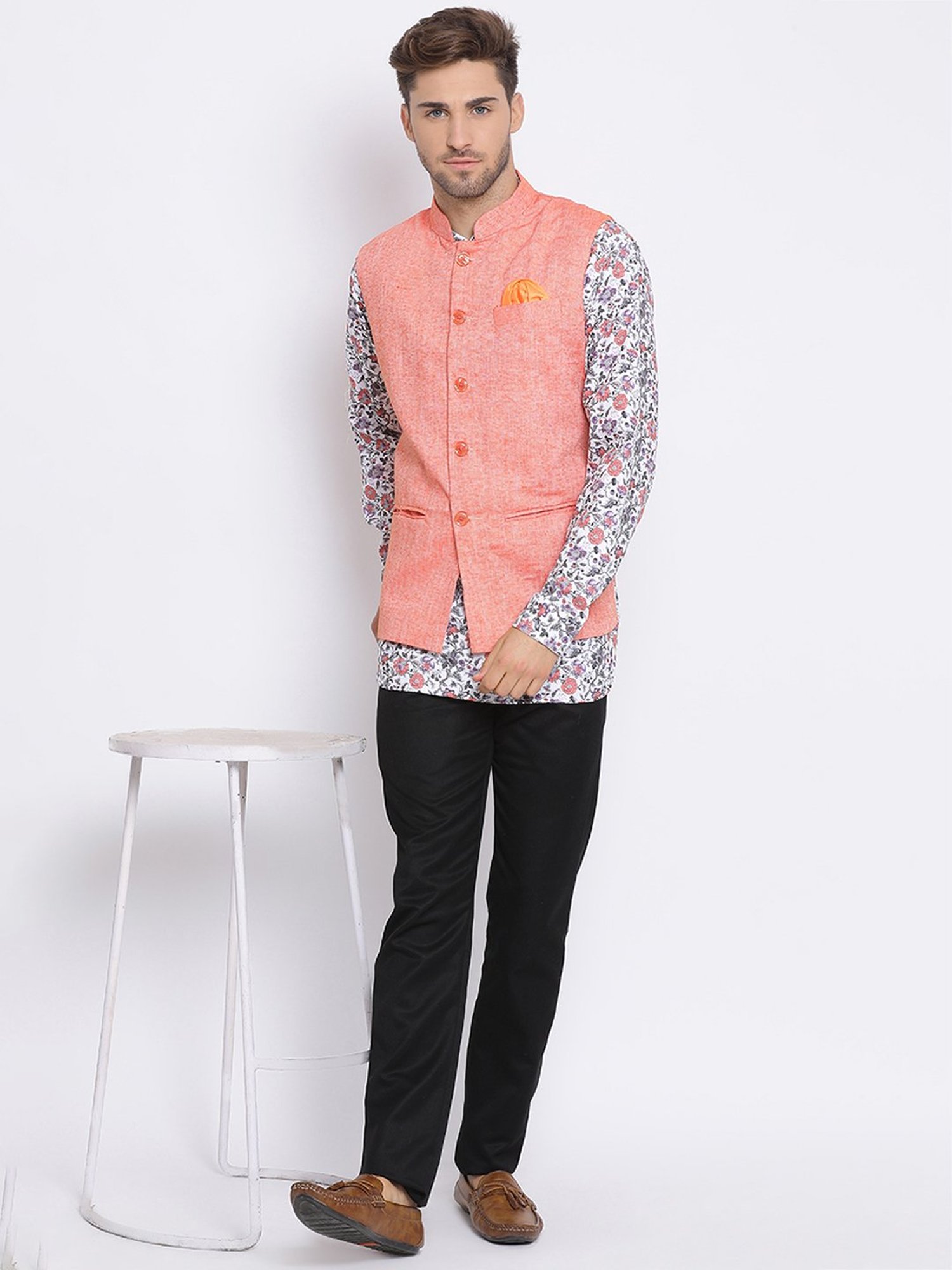 Hangup Plus White & Black Regular Fit Short Kurta & Trousers Set With Nehru Jacket