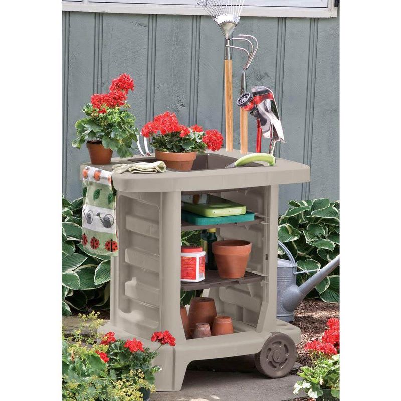 Suncast GC1500BT Portable Outdoor Resin Garden Center Station Utility Tool Cart on Wheels for Gardening Accessories and Equipment, Taupe