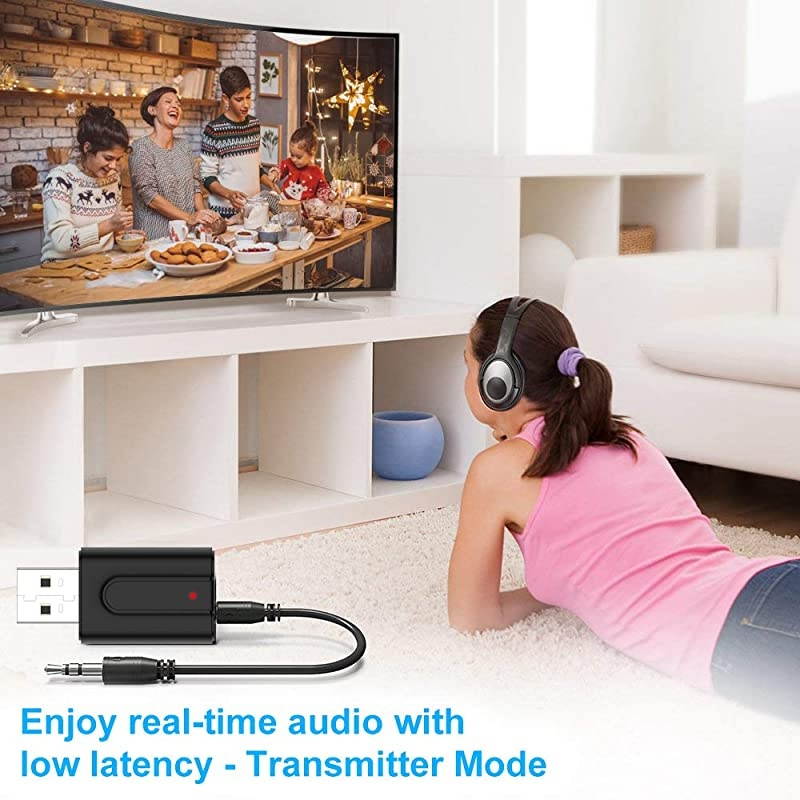 V5.0 Transmitter Receiver, 2 in 1 Transmitter Receiver Portable Wireless Adapter with 3.5mm Audio Cable for TV/Headphone/PC/Car/Home Stereo [Power by USB, Low Latency]