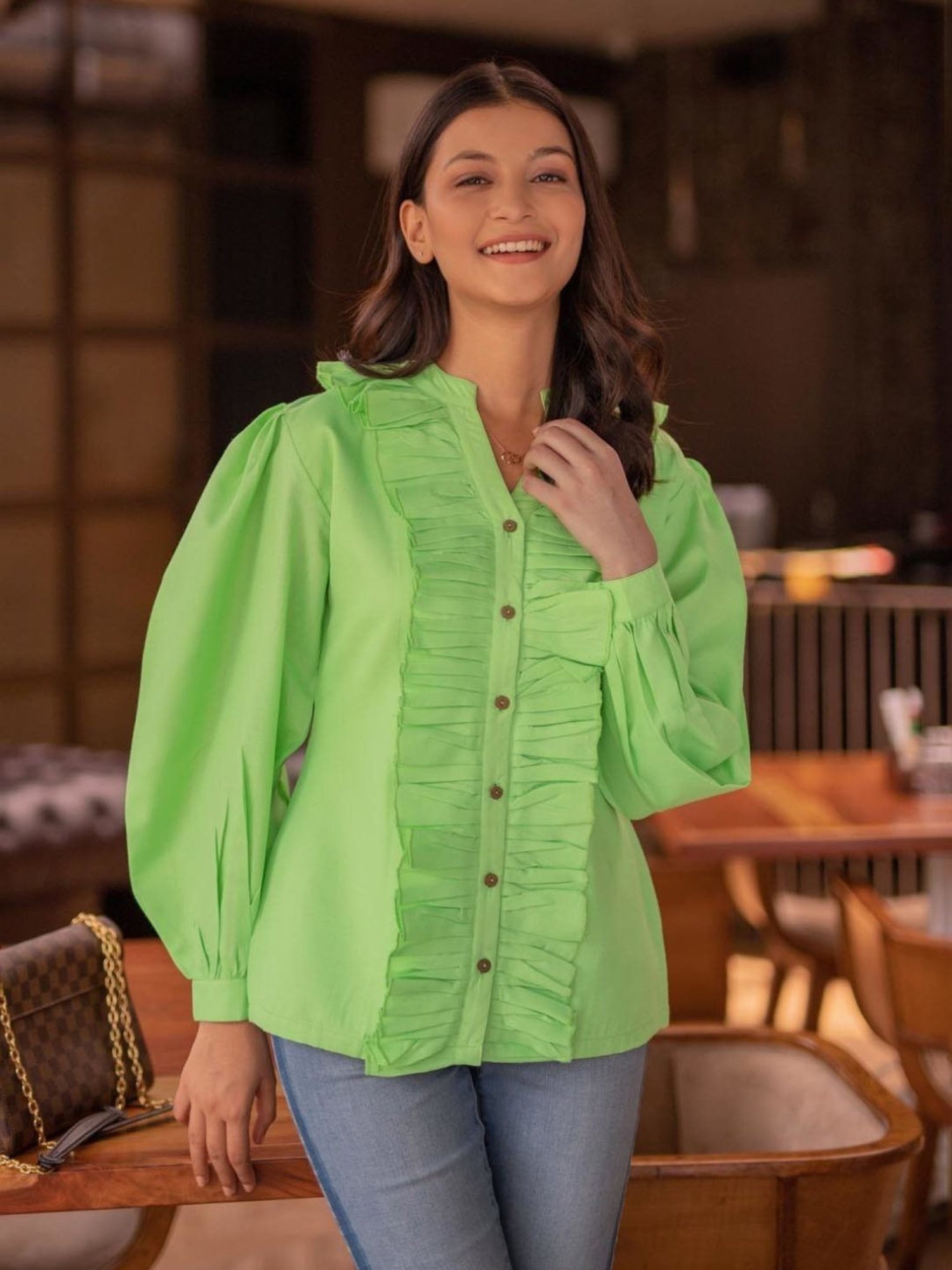 BInfinite Green Chartreuse Ruffled Shirt