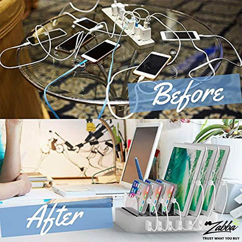 Charging Station for Multiple Devices, with 6 USB Fast Ports, Compatible with Cell Phones, Smart Phones, Tablets, and Other Electronics, White