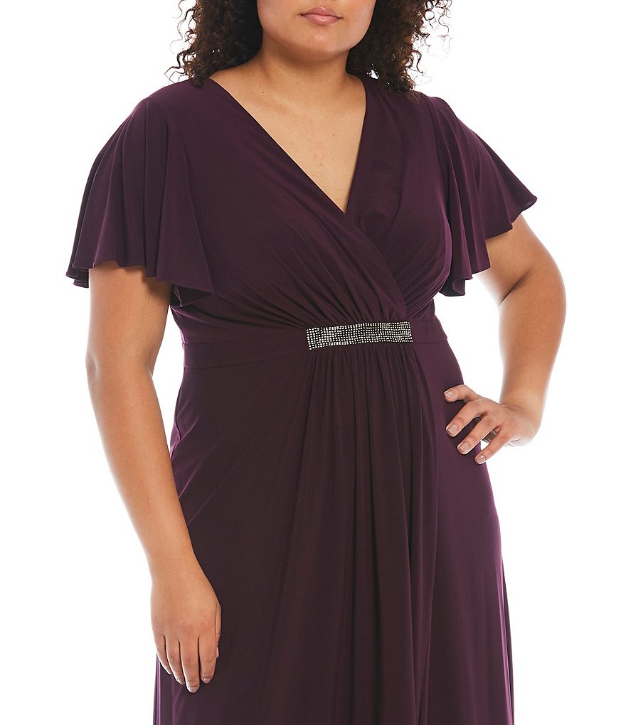Ignite Evenings Plus Size V-Neck Flutter Short Sleeve Gown