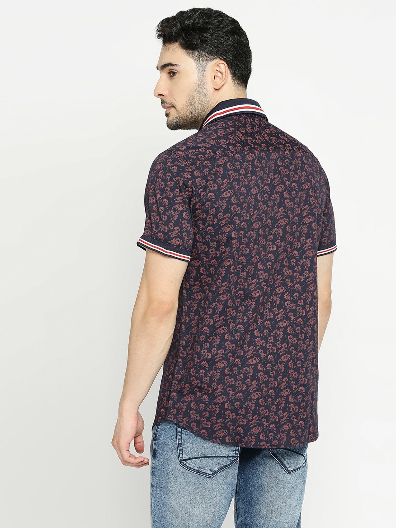 SOLEMIO Navy Slim Fit Printed Shirt