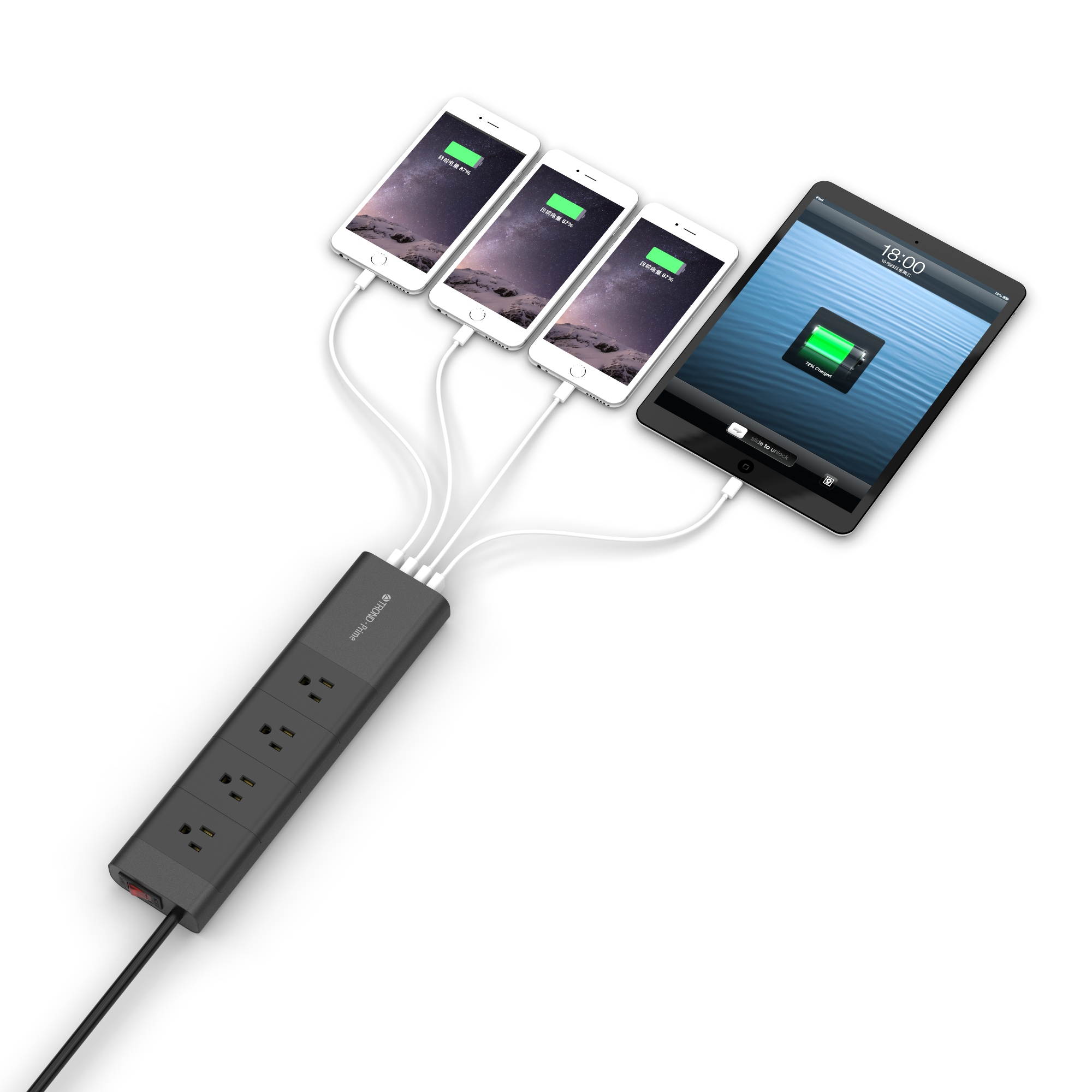 [Apple-Style] TROND&reg; Prime 4-Outlet Home / Office Power Strip with USB Smart Charger (4-Port, 30W/6A) and 5 Feet Power Cord, Made of Fire-Proof PC & Aluminum