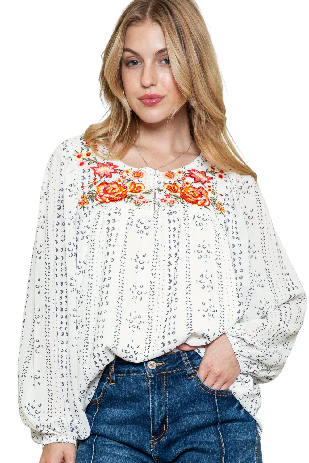 One World Apparel Jacquard Square Neck Short Sleeve Ivory Multi Floral Print Top