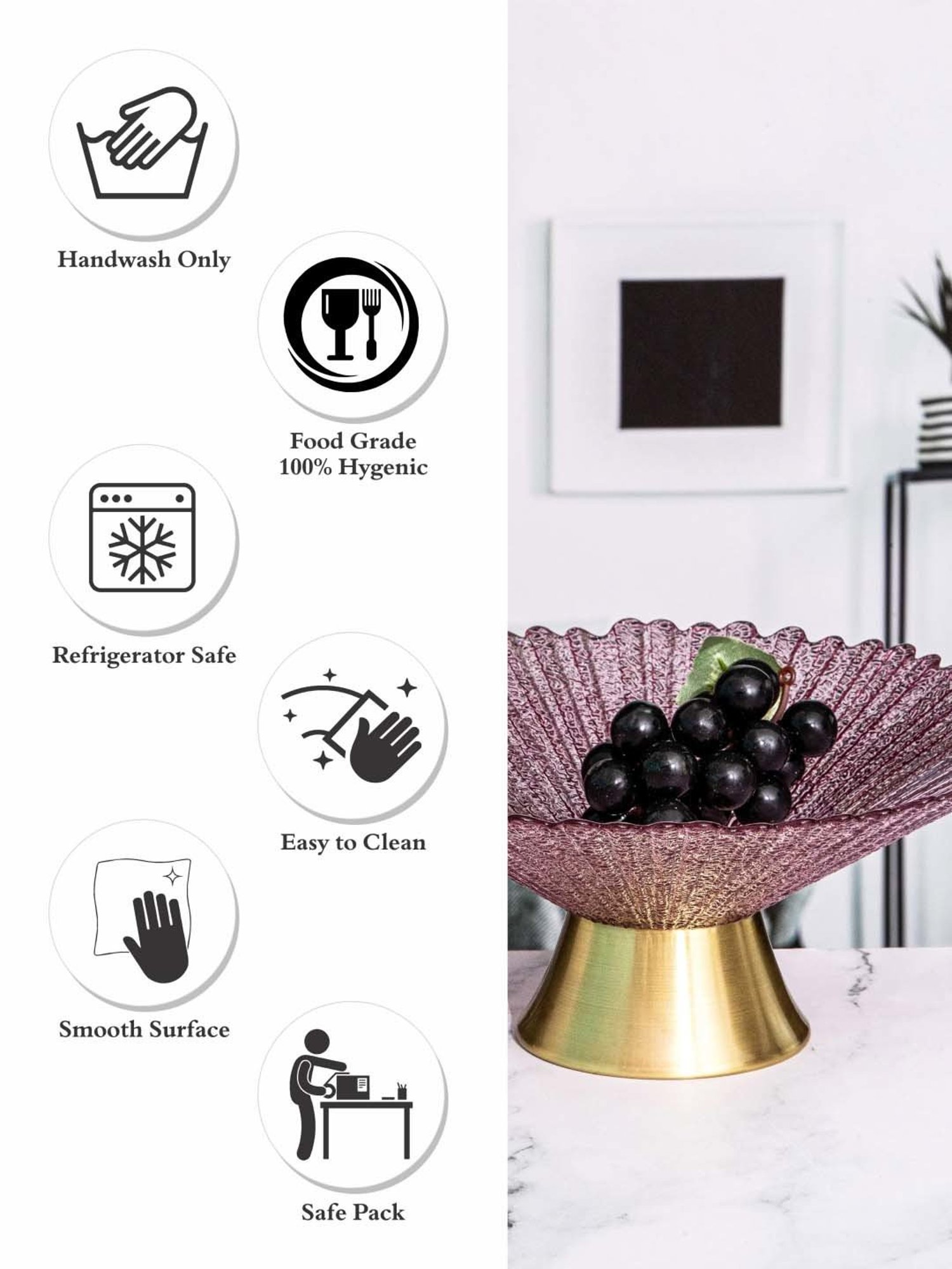 ROXX Emma Pink & Gold Glass Bowl With Metal Base (2 L)