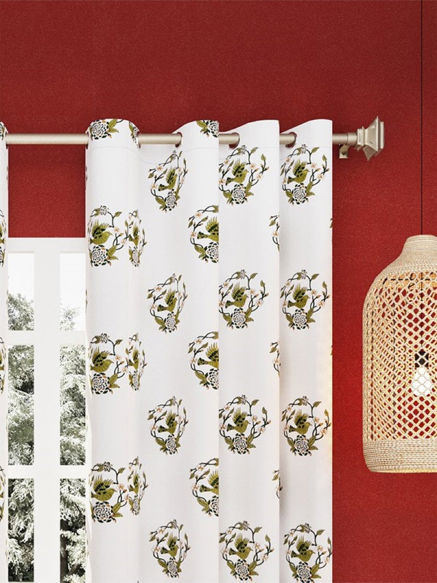 Swayam Cream & Blue Printed Faux Silk Door Curtains - Set of 2