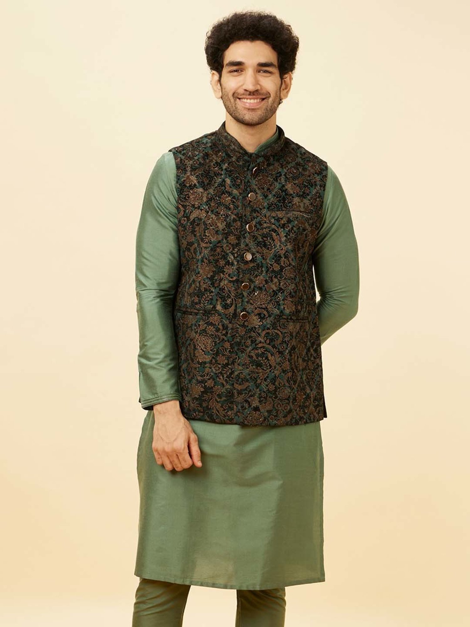 Manyavar Light Green Regular Fit Self Design Nehru Jacket