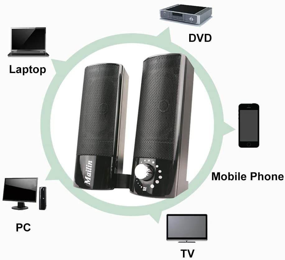Mailin Computer Speaker, Detachable PC Speaker, Laptop Speakers, USB Power Supply 3.5mm Stereo Input, 5 Watts RMS Total Power with Volume Control (Black)