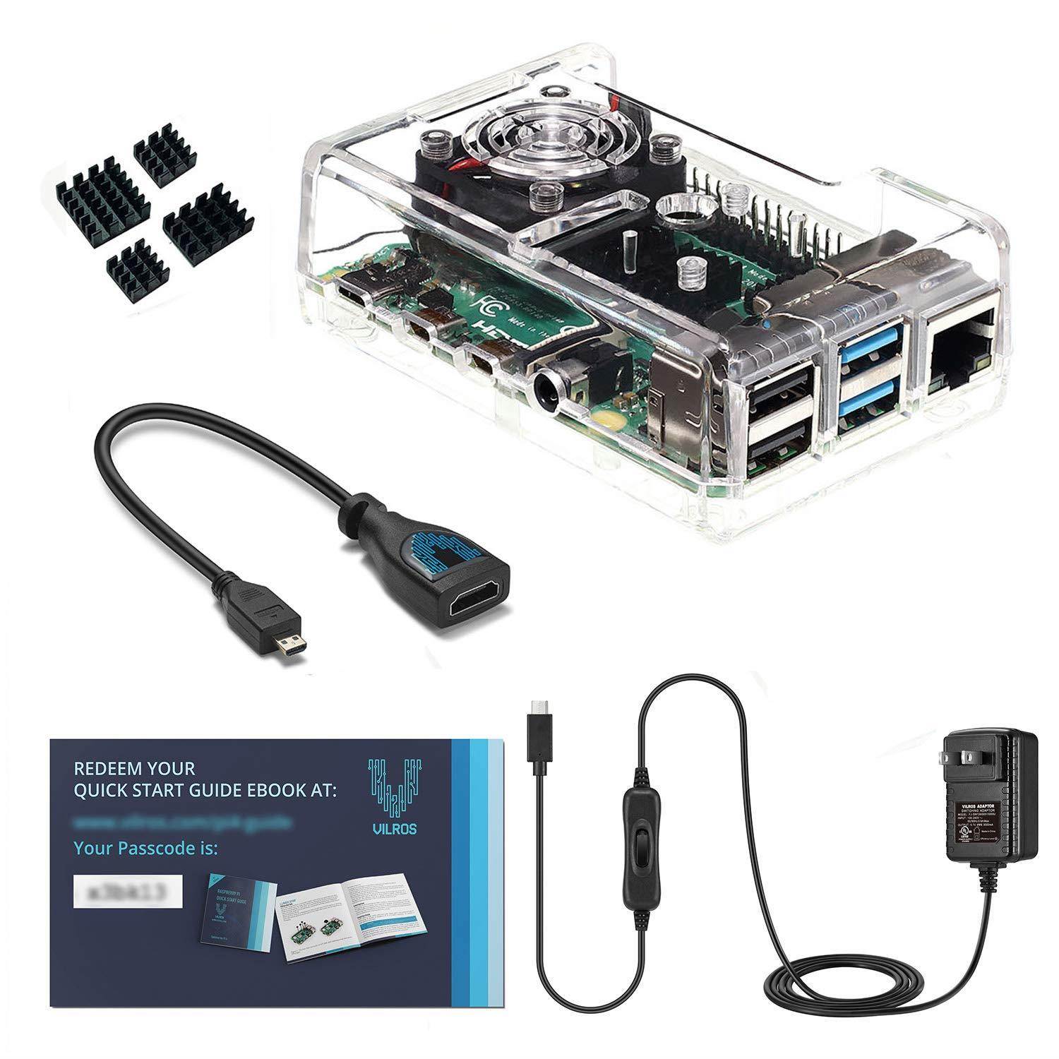 Vilros Accessories Starter Pack for Raspberry Pi 4-Includes Fan Cooled Case-Power Supply -Heatsink (Set of 4) -Micro HDMI & USB-C Adapters