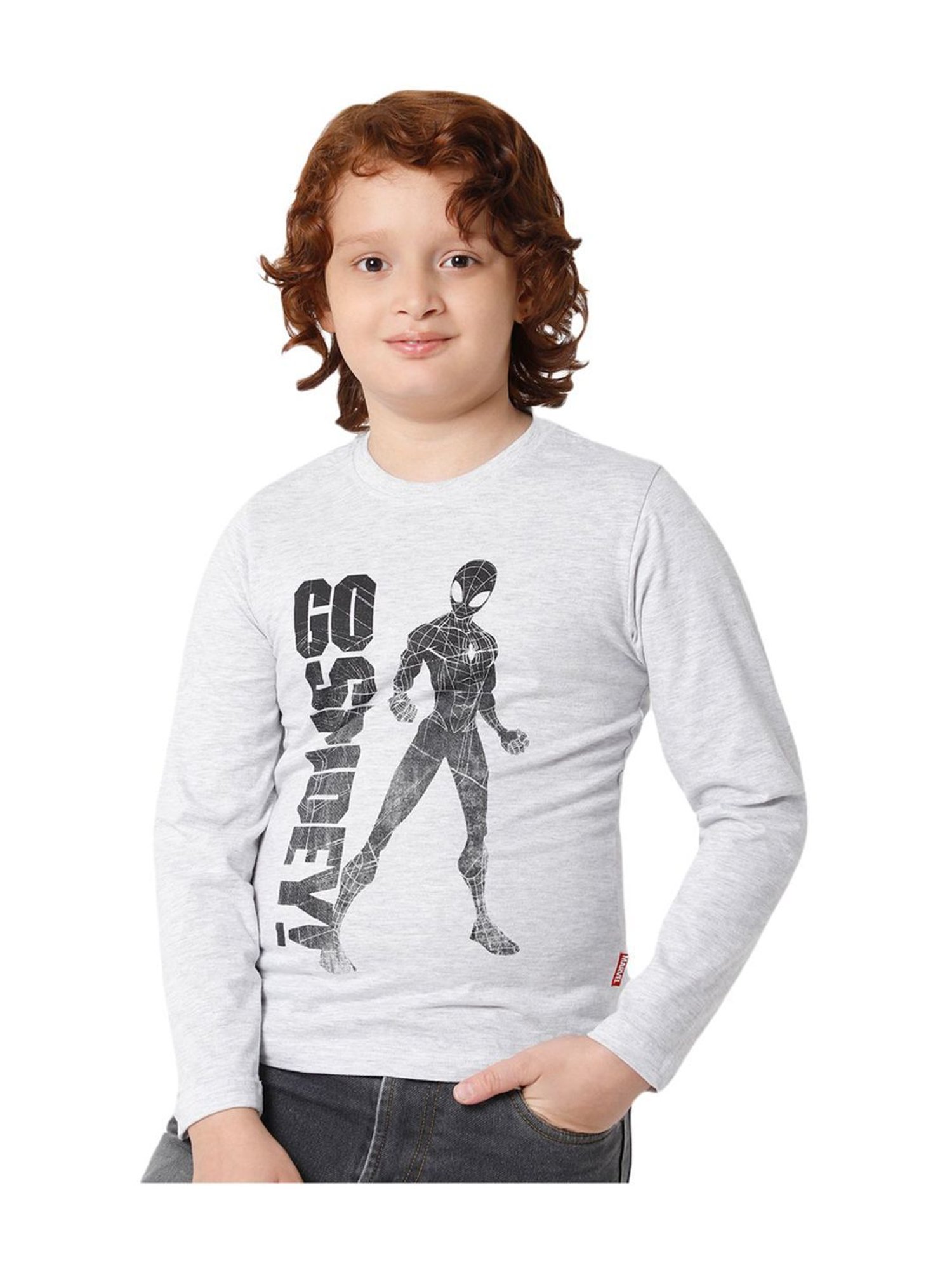 Proteens Kids Melange Grey Cotton Printed Full Sleeves T-Shirt