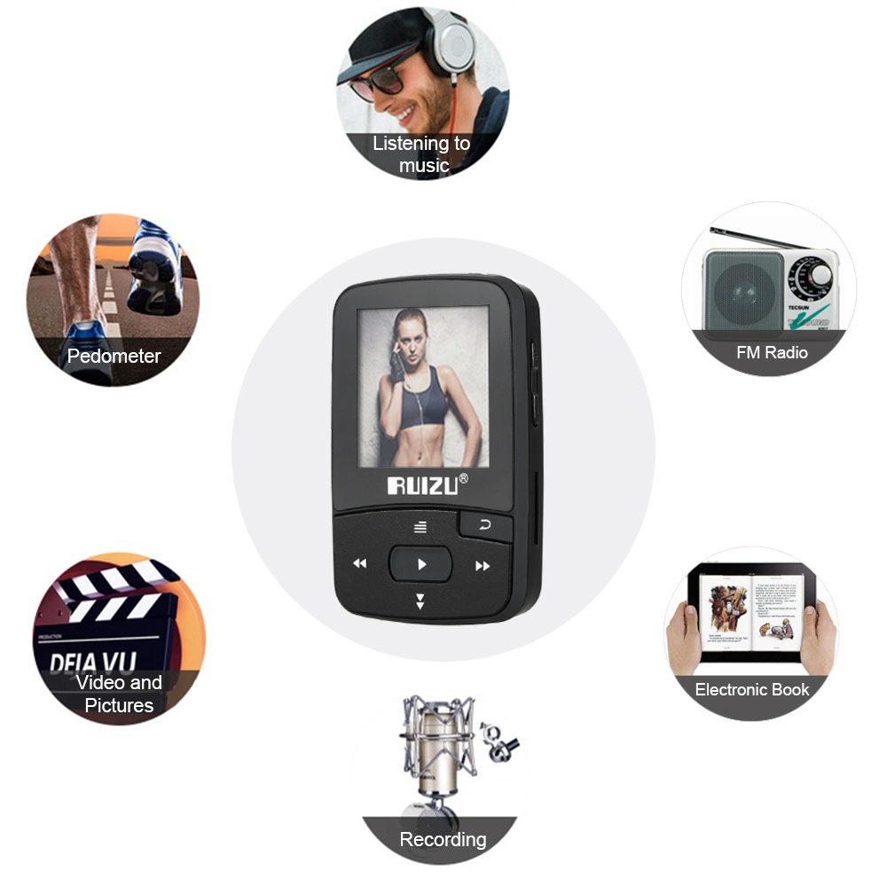 RUIZU X50 8GB 1.5in MP3 Player HiFi Lossless Sound Quality Bluetooth Pedometer TF Card FM Radio Recording E-book Time Calendar