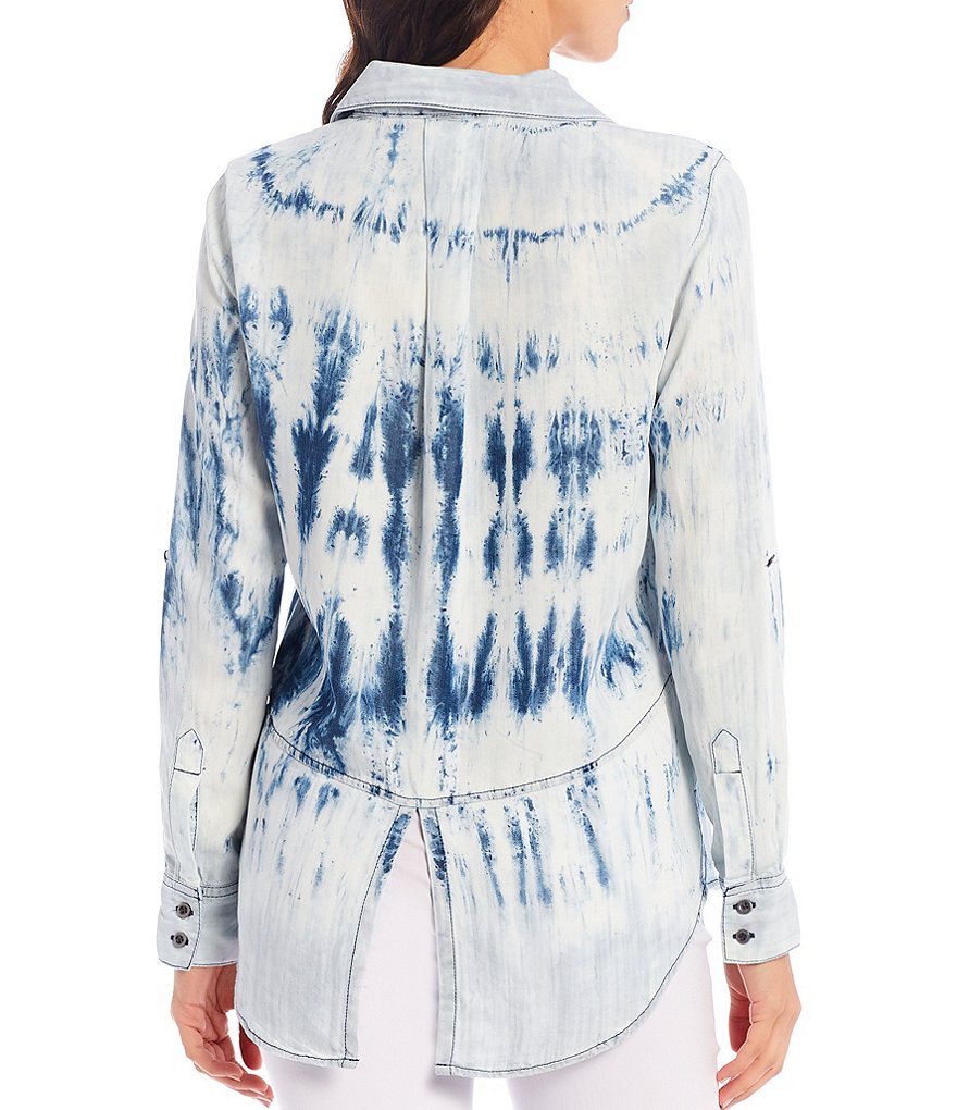 Multiples Tie Dye Denim Tencel Roll-Tab Sleeve Button Down Hi-Low Shirt
