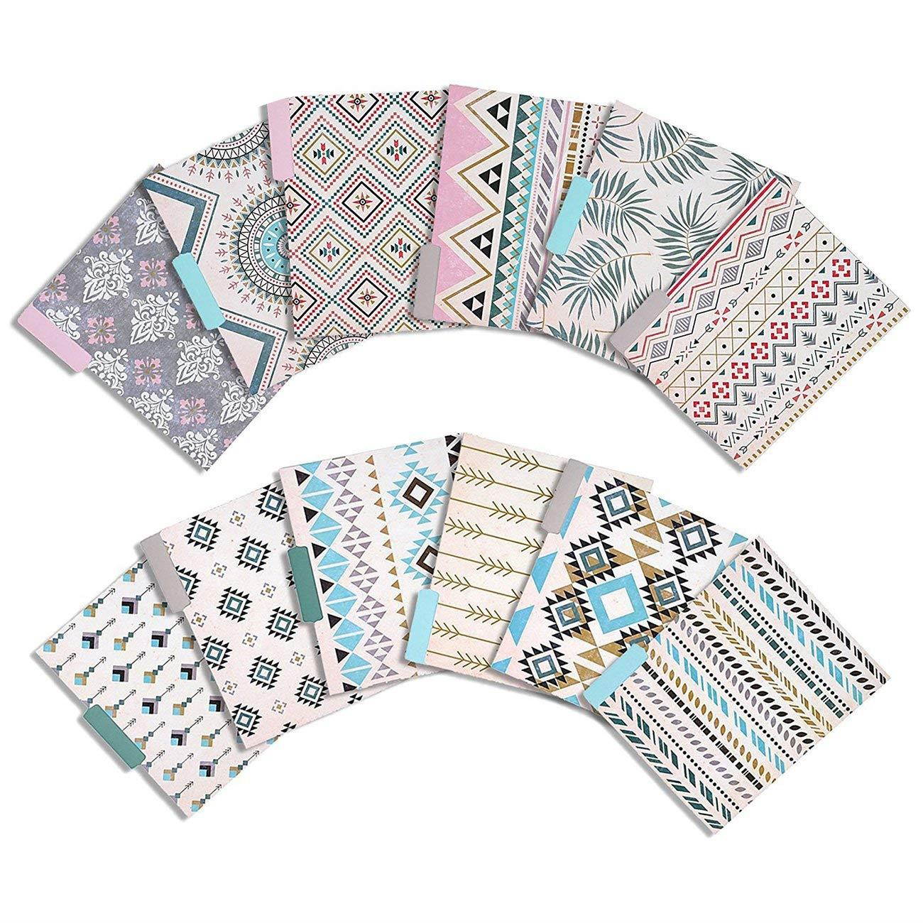 Decorative File Folders - 12-Count Colored File Folders Letter Size, 1/3-Cut Tabs, Cute Bohemian Tribal Designs, Office Supplies File Filing Organizers, 9.5 x 11.5 Inches
