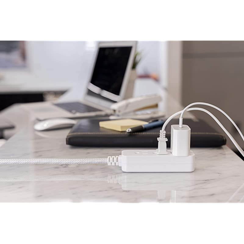 White, Designer 1 Ft. Power Strip, 3 Grounded Outlets, Flat Plug, Mini Cord, Premium, 45190, 6 Inch
