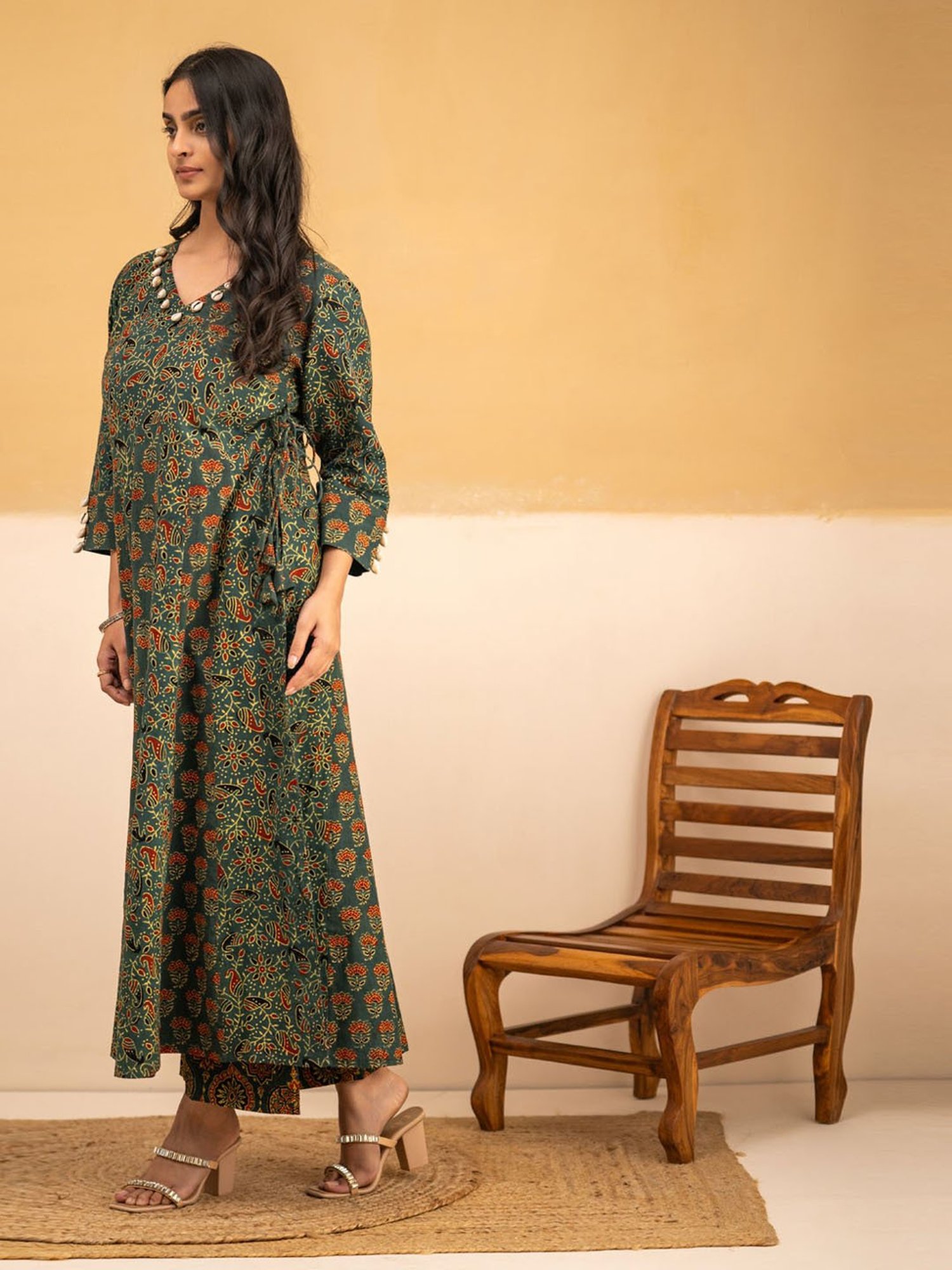 Love Chic Ajrakh Anarkali Kurta with cowrie shells