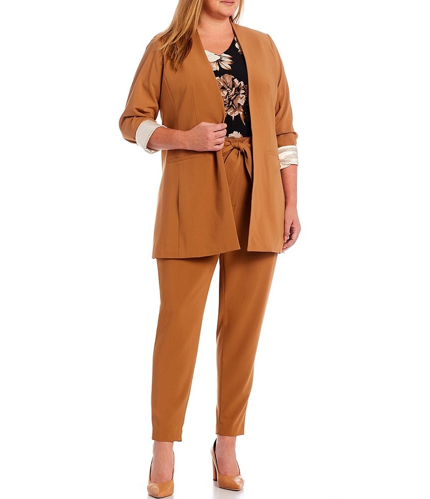 Calvin Klein Plus Size Lux Stretch Woven Suiting Contrast Lining Rolled Cuff Open-Front Long Jacket