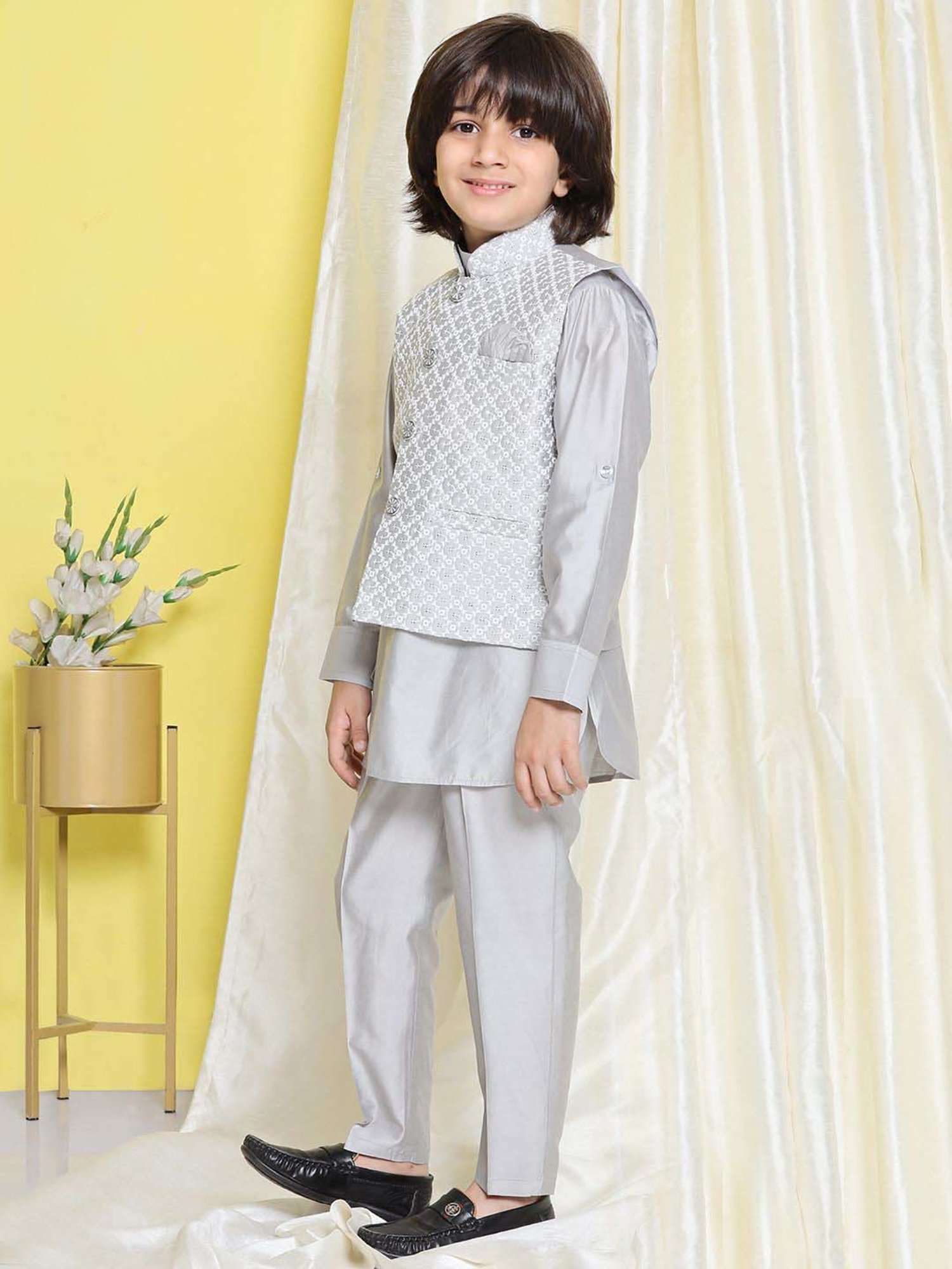 AJ Dezines Kids Grey Embroidered Full Sleeves Kurta Set