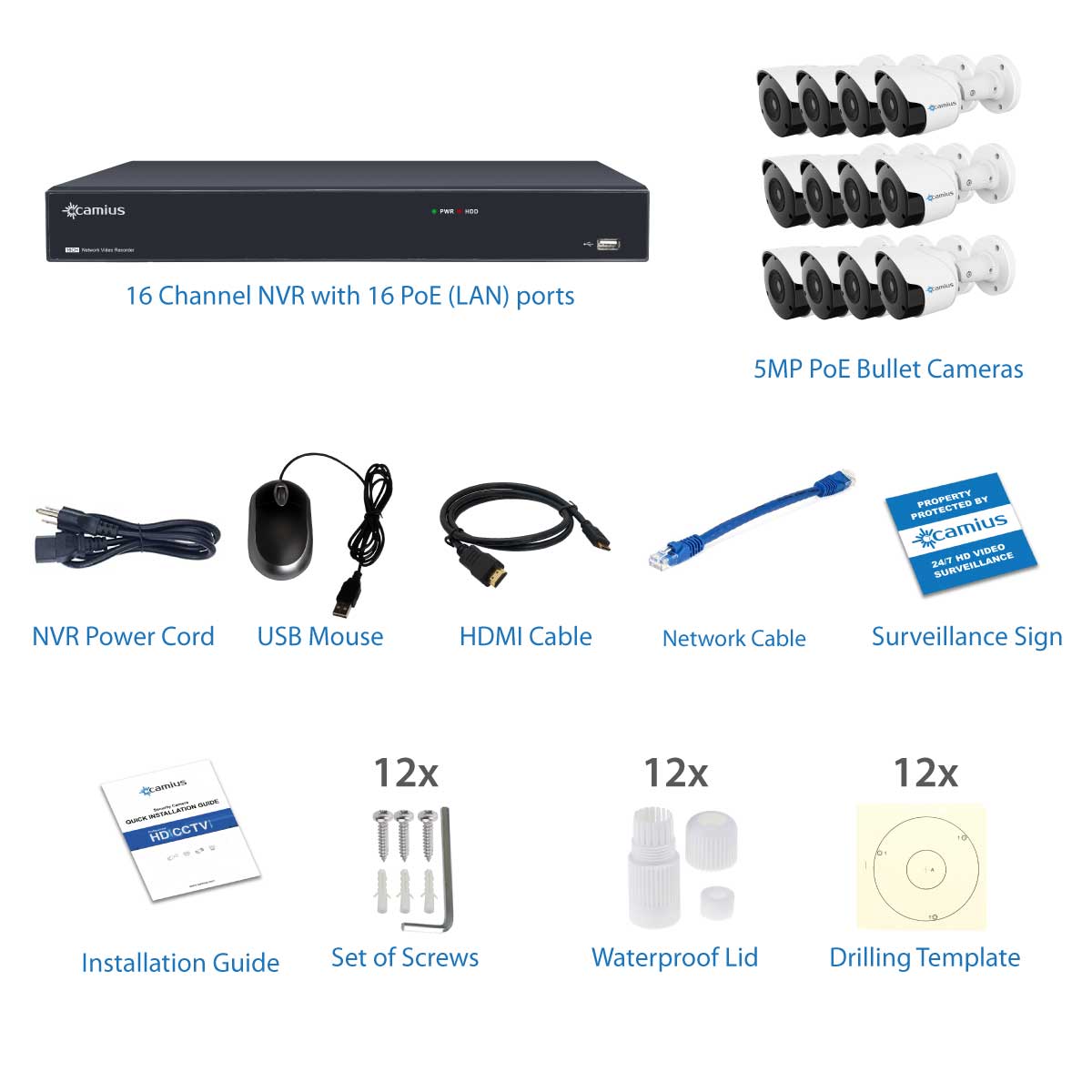 Camius 4K 16 Channel NVR system with 3TB HDD, 12 x 5MP 1944p IP PoE Audio Video Outdoor Cameras, Night Vision, 3.6mm, PC, Mac, Phone app view, Motion, Sound Detection 16PN12B3T