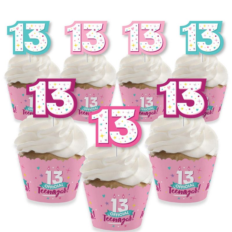 Big Dot of Happiness Girl 13th Birthday - Cupcake Decoration - Official Teenager Birthday Party Cupcake Wrappers and Treat Picks Kit - Set of 24