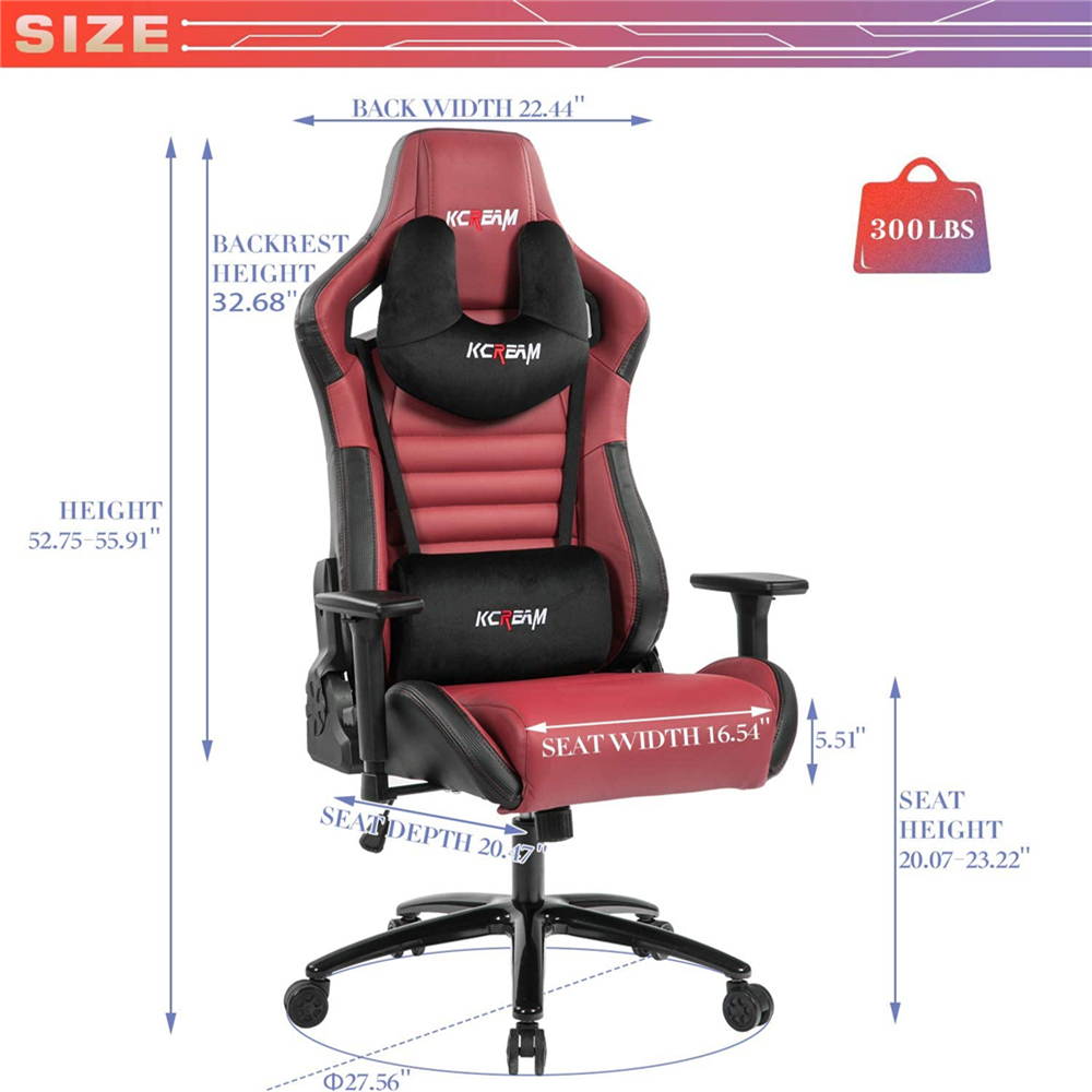 KCREAM PU Big and Tall Ergonomic Gaming Chair, Adjustable High Back Swivel Computer Chair Headrest Lumbar Support 400lbs Reclining Office Desk Chair for Adlut