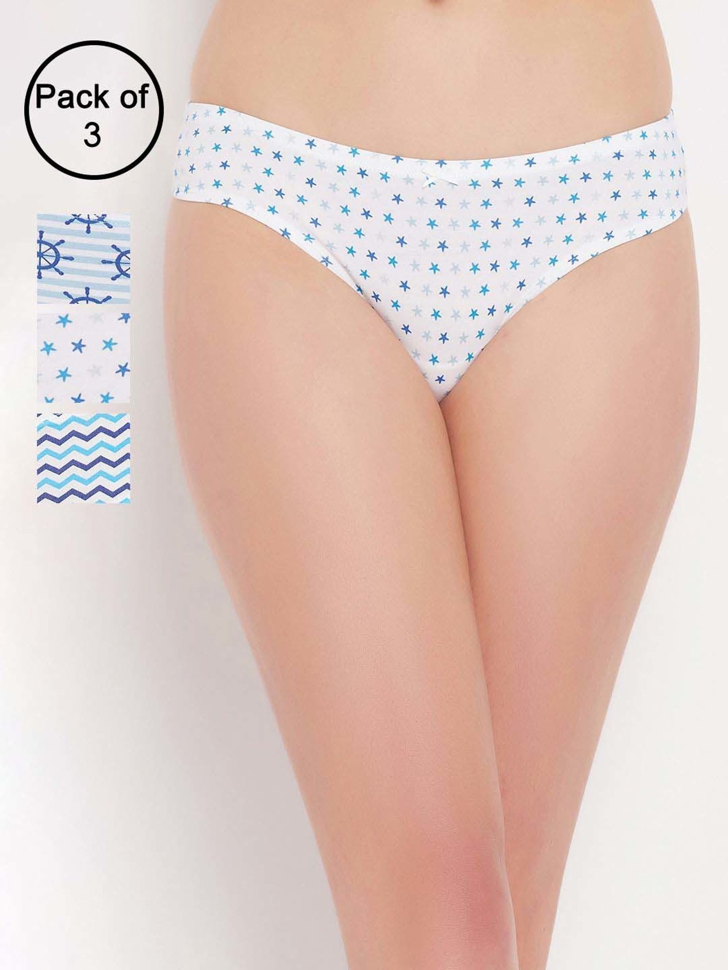 Clovia White & Blue Cotton Printed Hipster Panty - Pack Of 3