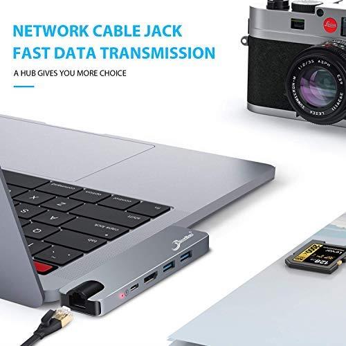 USB C Hub Adapter, 7 in 1 Thunderbolt 3 Type C Dongle for 2018/2017/2016 MacBook Pro with 4K HDMI, Gigabit Ethernet, 100W Power Delivery, SD Card Reader, USB 3.0 Ports (Grey)