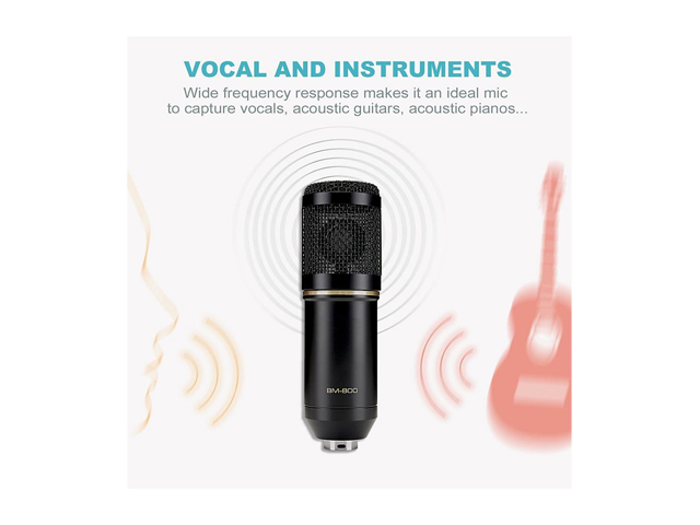 Condenser Microphone Bundle, BM-800 Mic Kit with Adjustable Mic Suspension Scissor Arm, Metal Shock Mount and Double-Layer Pop Filter for Studio Recording & Broadcasting (Black)