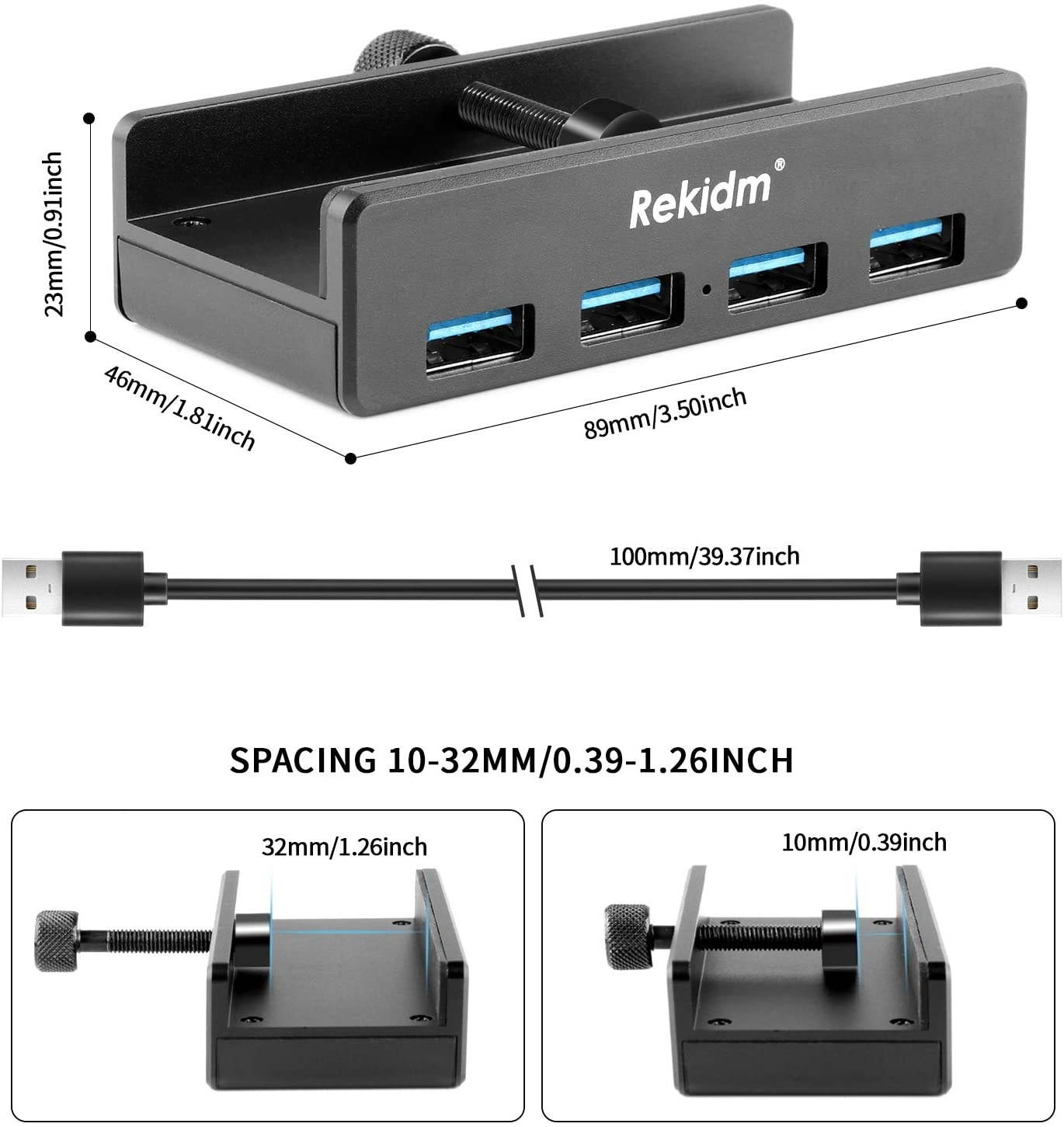 USB Hub 3.0 - Rekidm 4 Port Aluminum USB 3.0 Hub Clamp Design for Desktop Computer PC Table Edge with Durable Adjustable Clip Compact Space-Saving Mountable Desk USB Hub Fast Speed Transfer Black