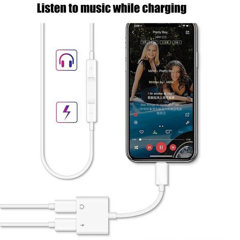 2 in 1 Dual Lightning iPhone Adapter & Splitter, Adapter Dual Converter Cable Headphone Music+Charge+Call+Volume Control Compatible with iPhone SE/11/11 Pro/XS/XR/X/8 7