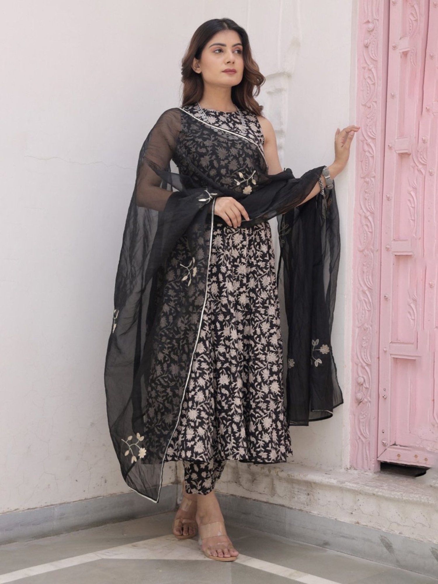 Asrumo Black Sukoon Summer Jaal Cotton Anarkali Kurta with Pant and Organza Gota Work Dupatta Set