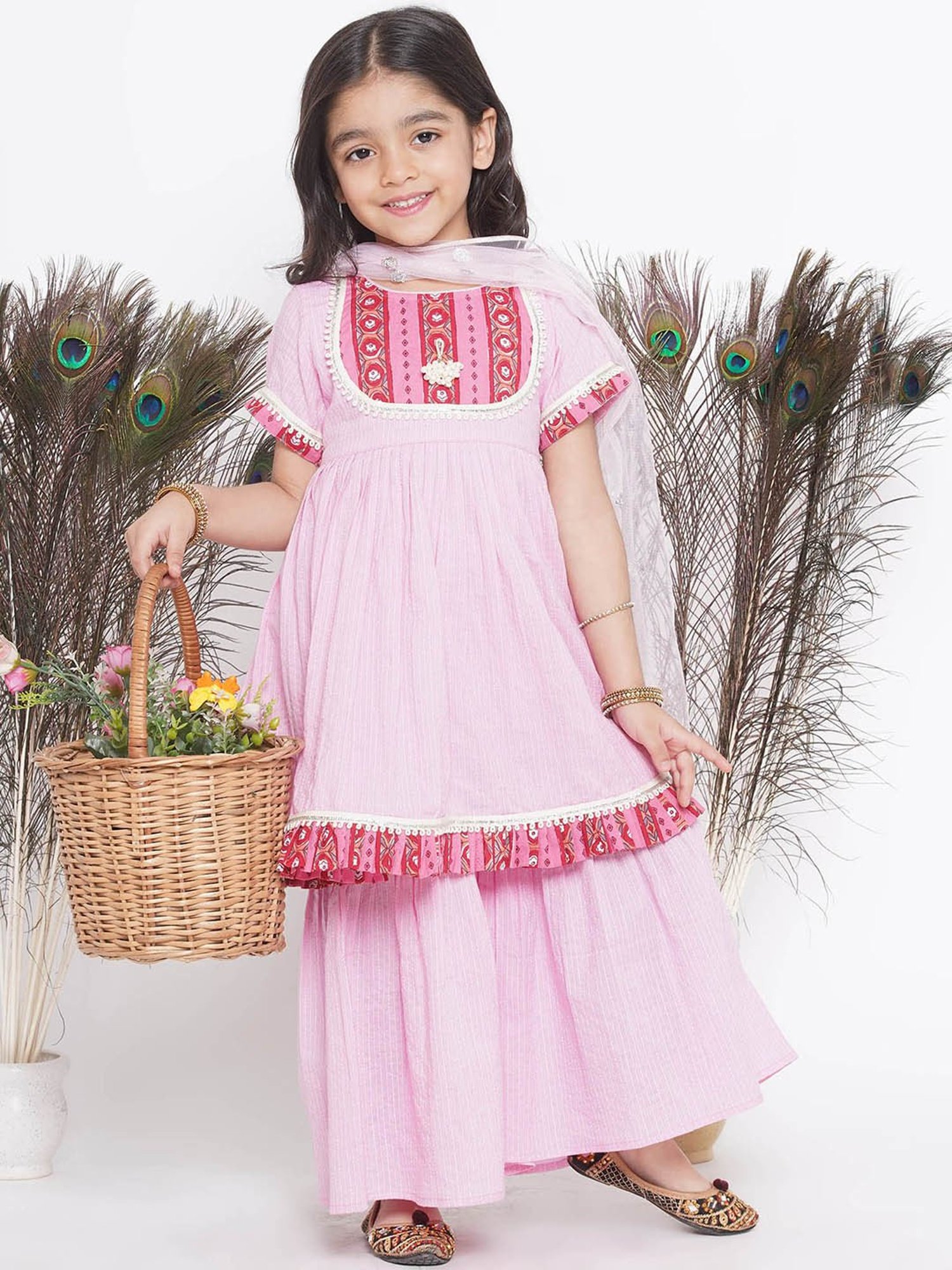 Little Bansi Kids Light Pink Printed Kurta, Salwar with Dupatta