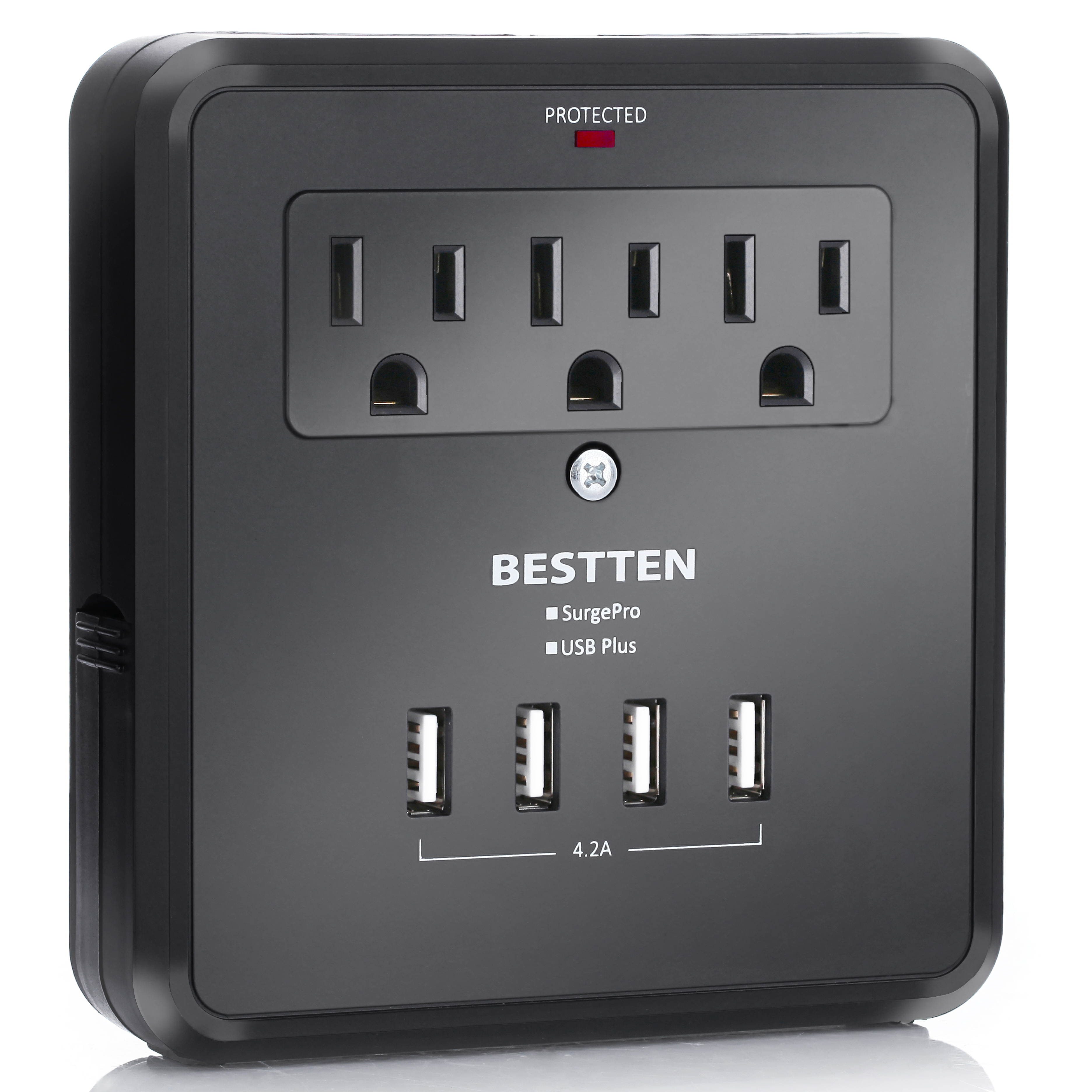 BESTTEN Multi Outlet Wall Tap Adapter Surge Protector with 4 USB Charging Ports (4.2A Total), 3 Outlet Multipliers and 2 Slide-Out Phone Holders, 15A/125V/1875W, ETL Certified, Black
