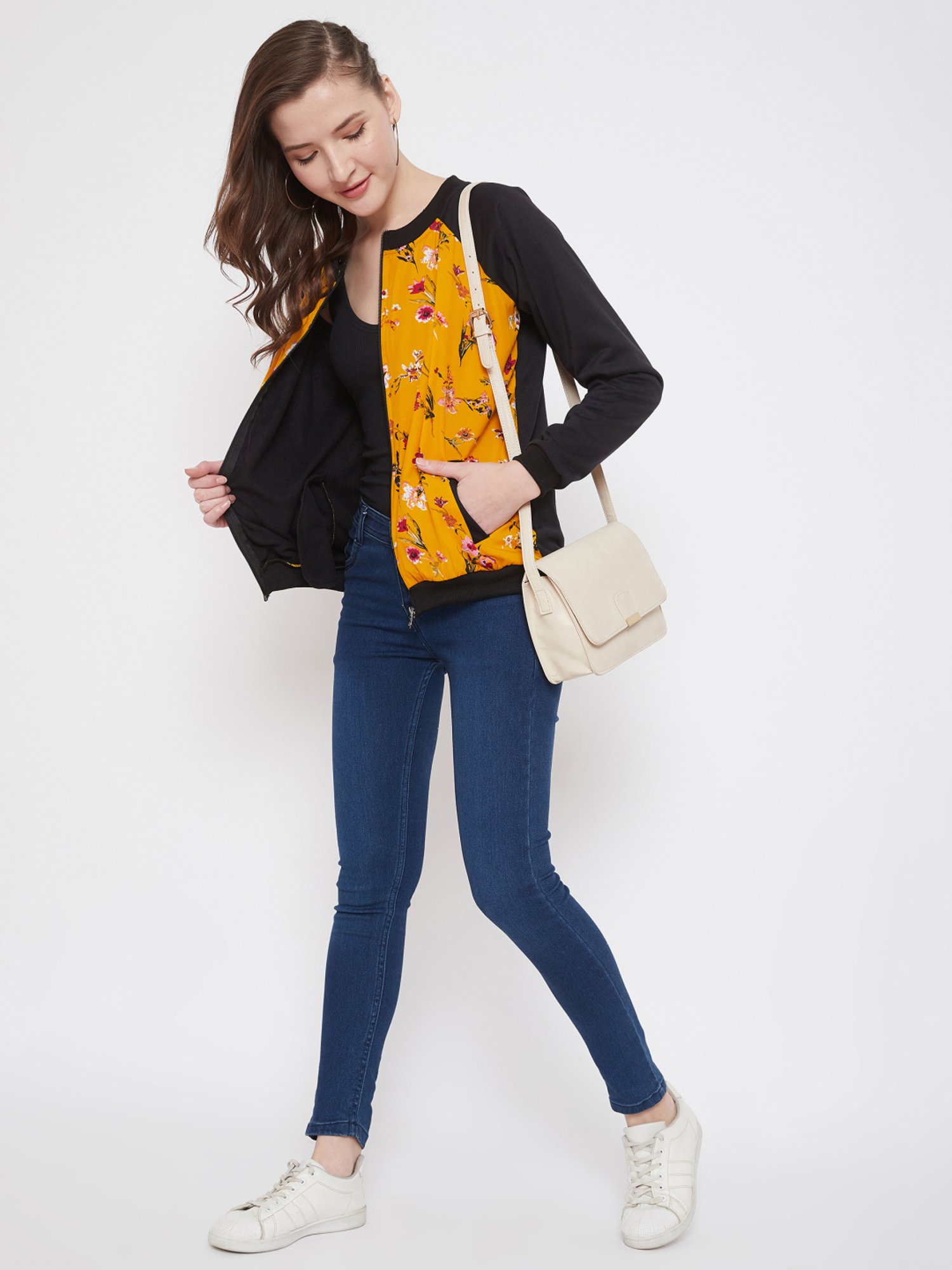 PURYS Black & Yellow Floral Print Jacket