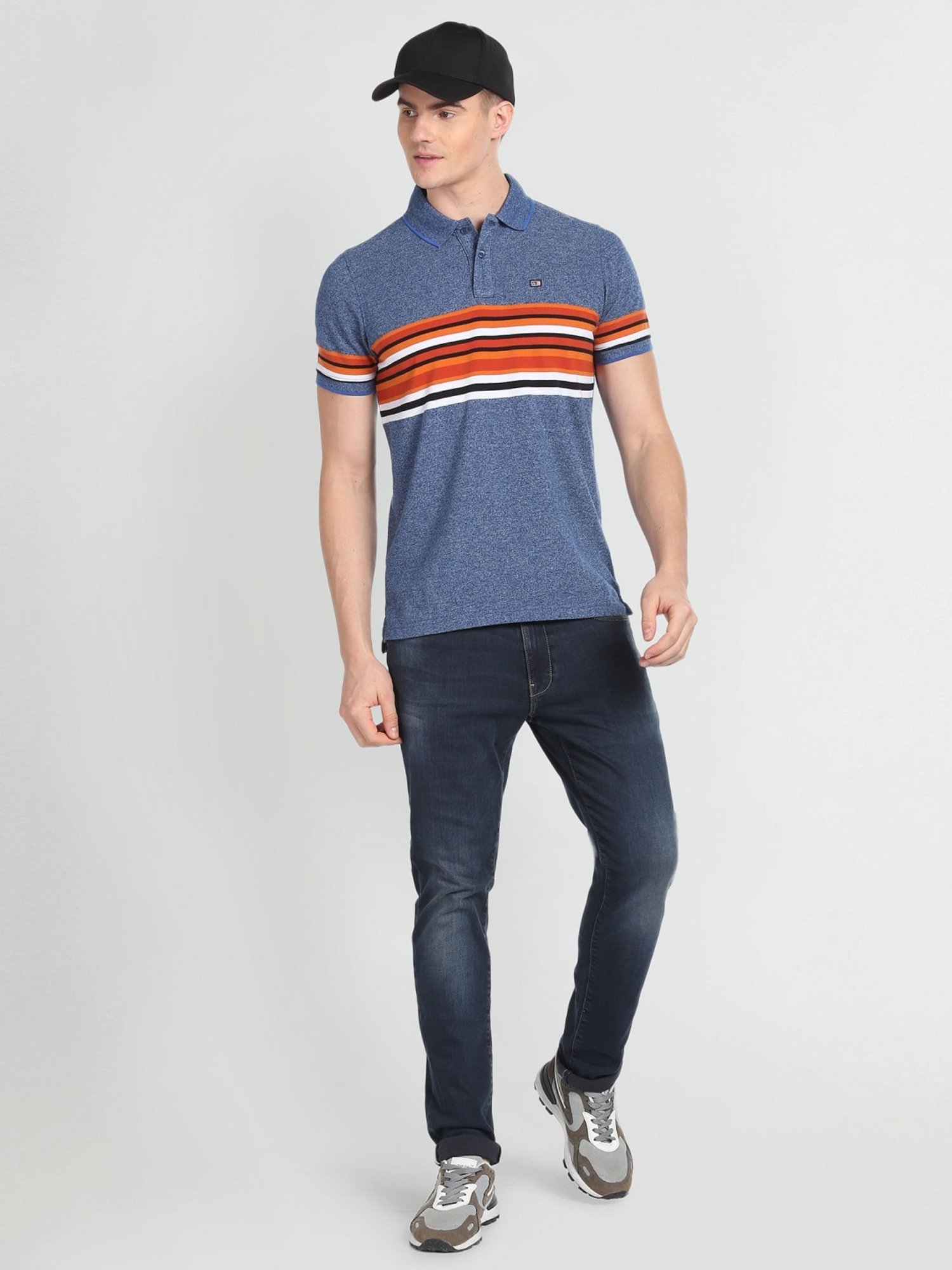 Arrow Sport Blue Cotton Regular Fit Striped Polo T-Shirt