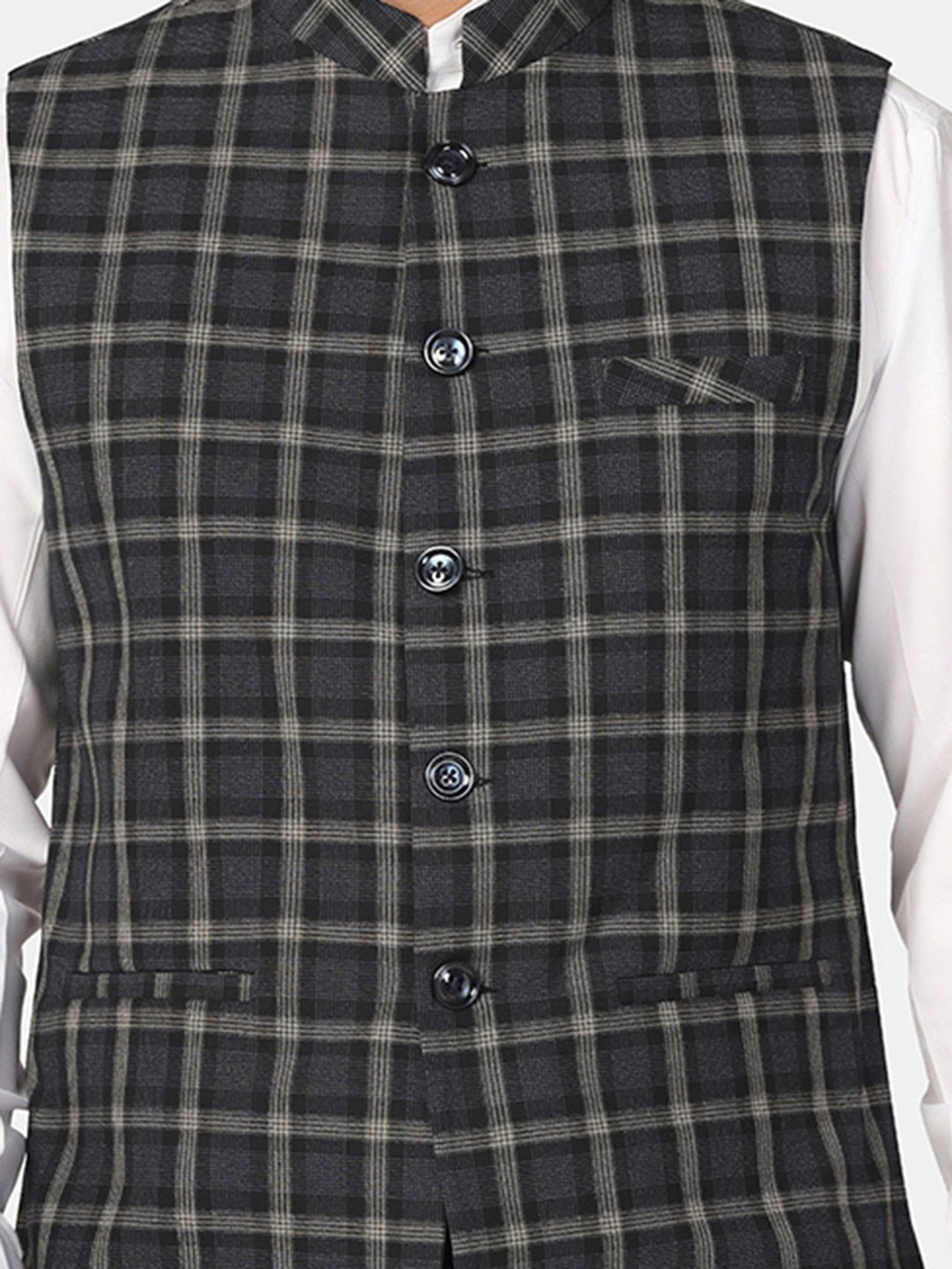 TAHVO Black Slim Fit Check Nehru Jacket