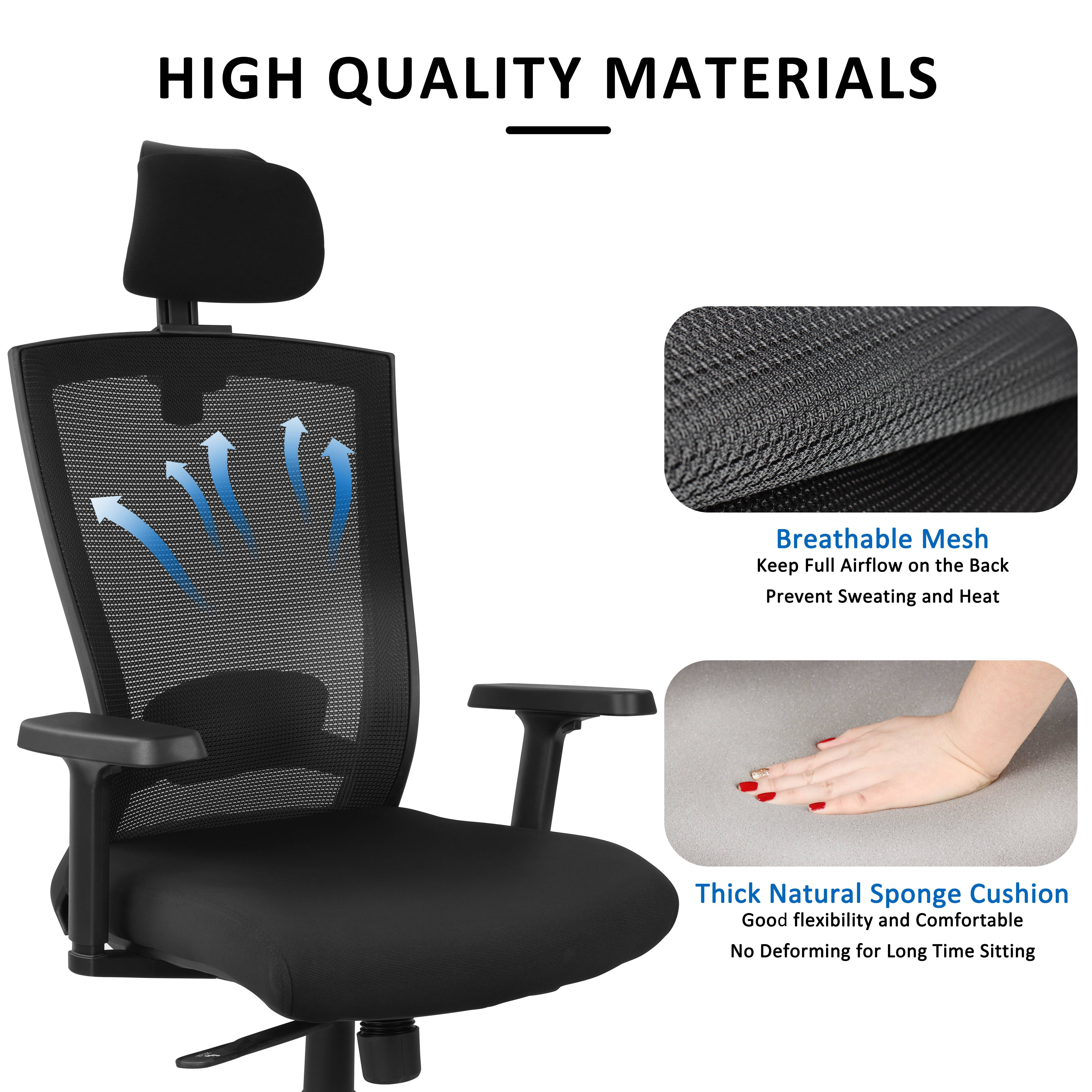 Mesh Ergonomic Office Desk Chair with Headrest, Swivel Computer Gaming Chair Reclined and Lockable Comfortable High-Back Executive Chair with Adjustable Arms, and Lumbar Support, Black