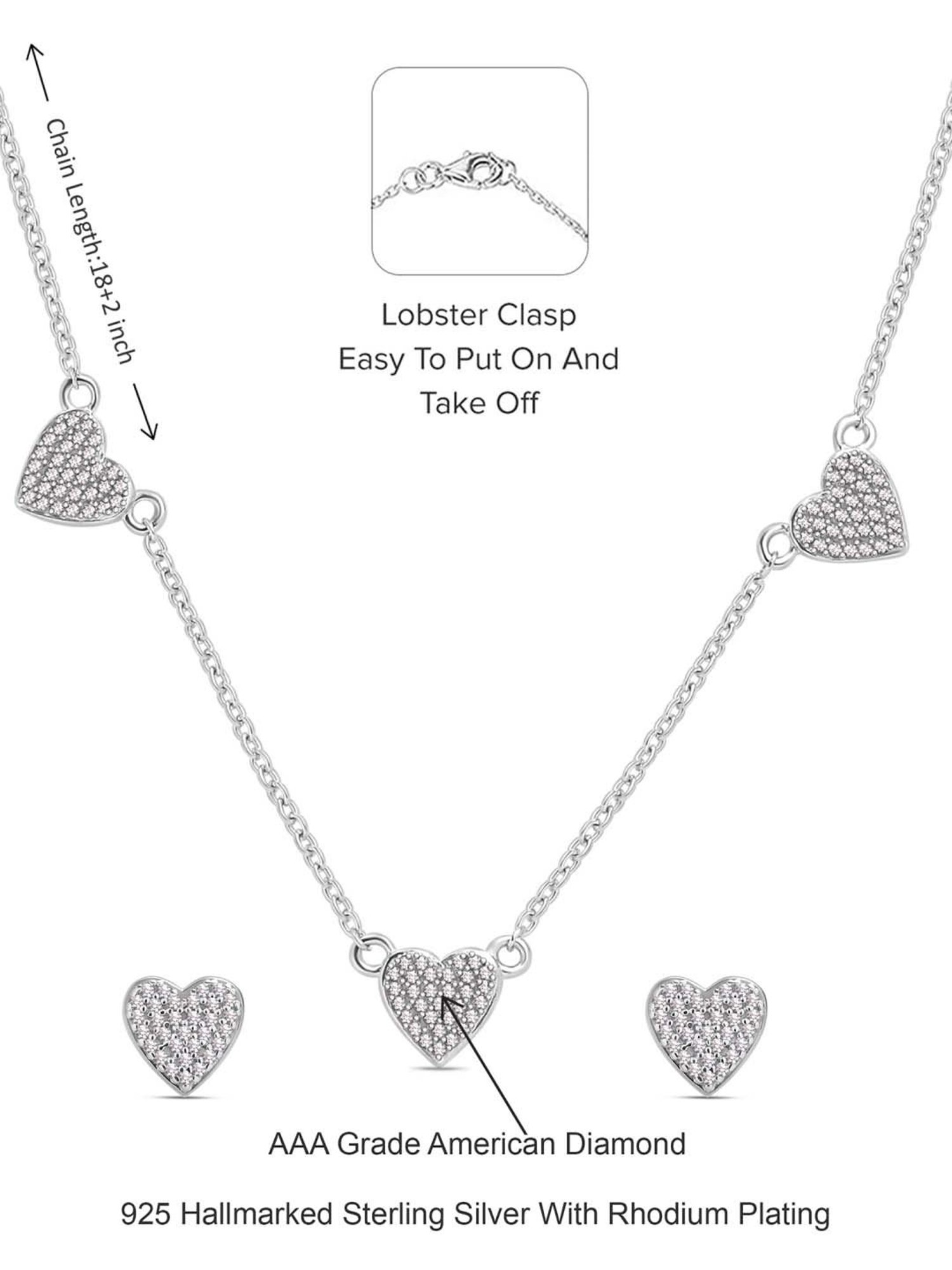 Ornate Jewels 92.5 Sterling Silver AD Heart Shape Necklace & Earring Set for Women