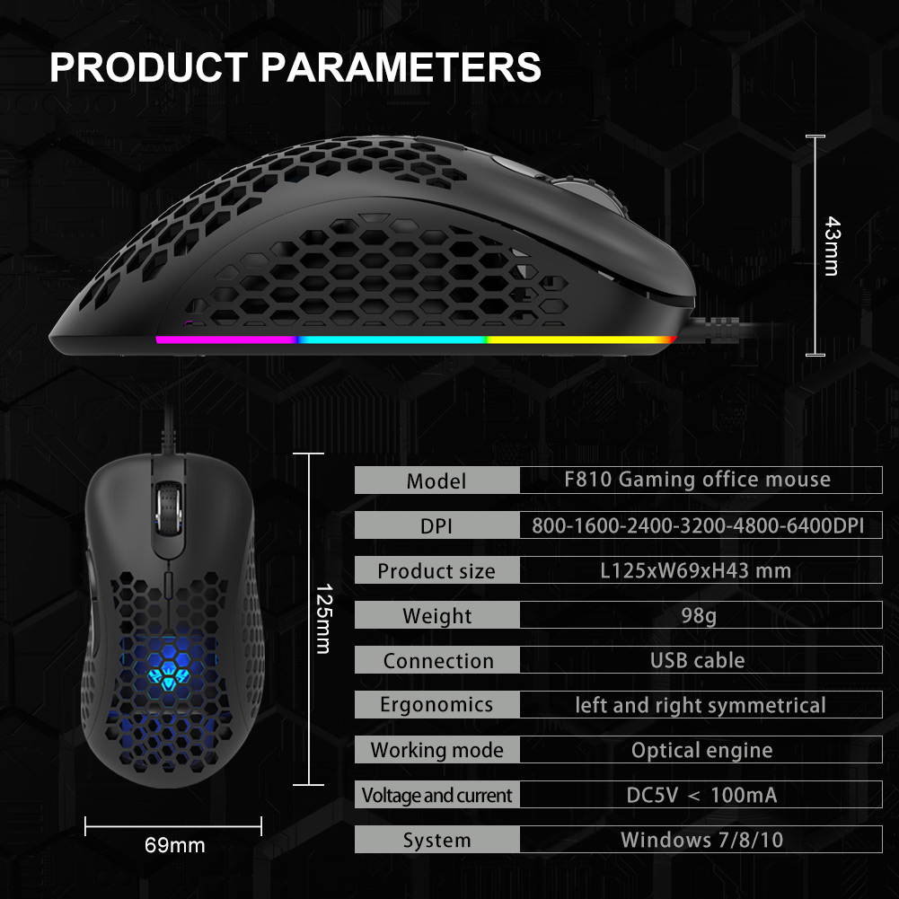 AULA F810 RGB Backlit Mouse 7 Buttons Macro Programmable 6400 DPI Hollow Ergonomic Optical Wired Gaming Mouse for PC Computer Desktop Laptop