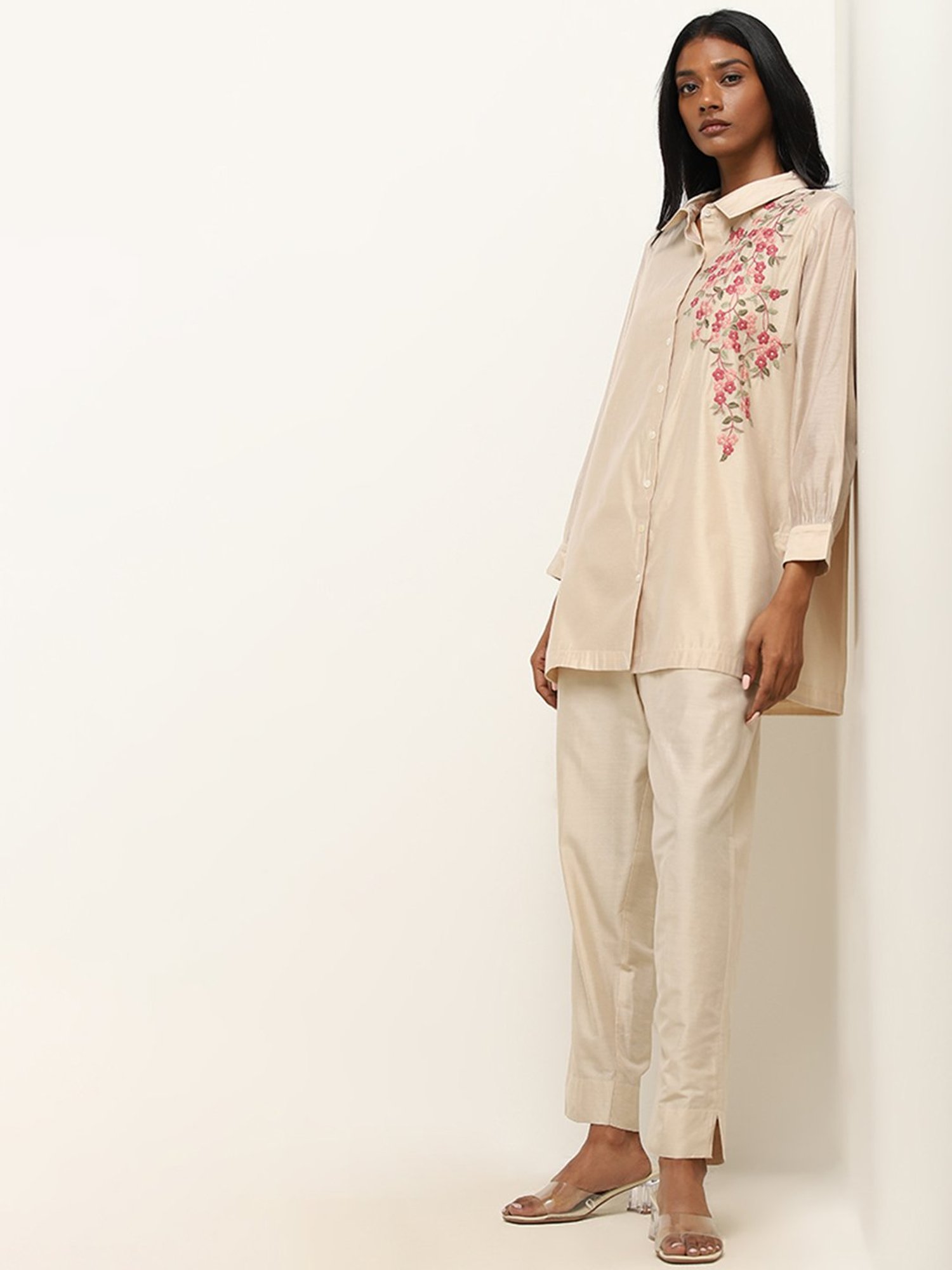 Vark by Westside Beige Floral Embroidered Straight Tunic with Pants Set