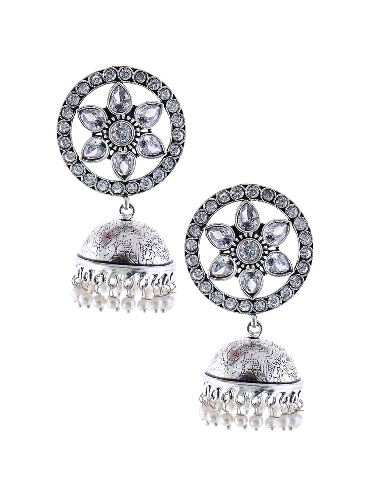 Imli Street White Silver Tone Stone-Studded Handcrafted Jhumki Earrings