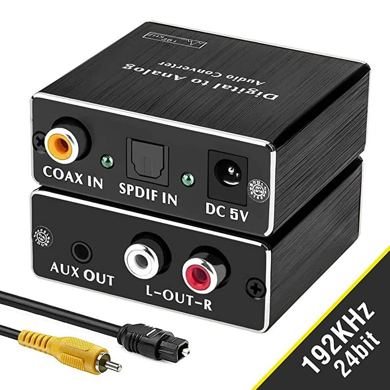 Digital-to-Analog Audio Converter 192Khz,  DAC Digital Coaxial and Optical (Toslink) to Analog 3.5mm AUX and RCA (L/R) Stereo Audio Adapter with Fiber and Coax Cable