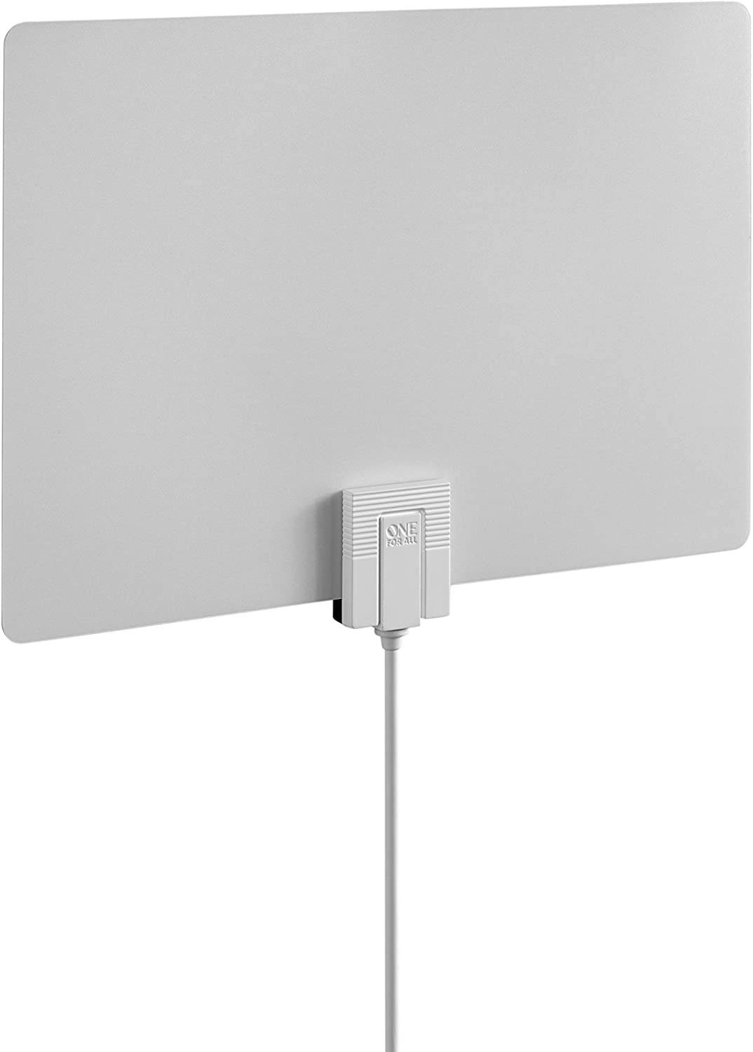 One For All Amplified HDTV Antenna for 1080P 4K Free TV Channels, 50 Miles Long Reception Range, External Signal Booster and 10ft Coax Cable Included, Thin Dual Color Design White/Black, Model 14541