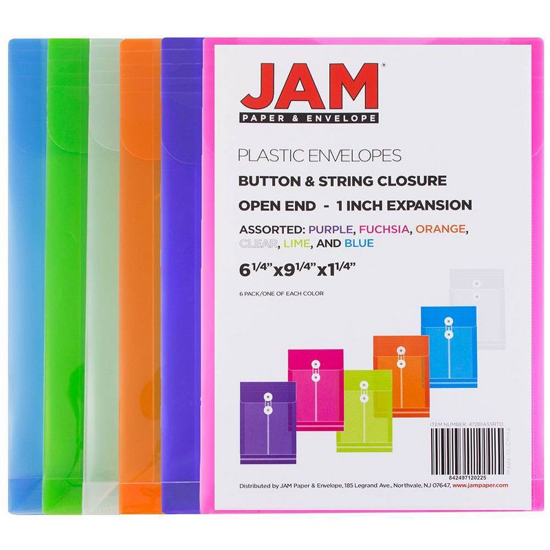 JAM Paper 8 5/8'' x 11 1/2'' 6pk Plastic 3 Hole Punch Binder Envelopes, Hook & Loop Closure, 1" Expansion - Multicolor