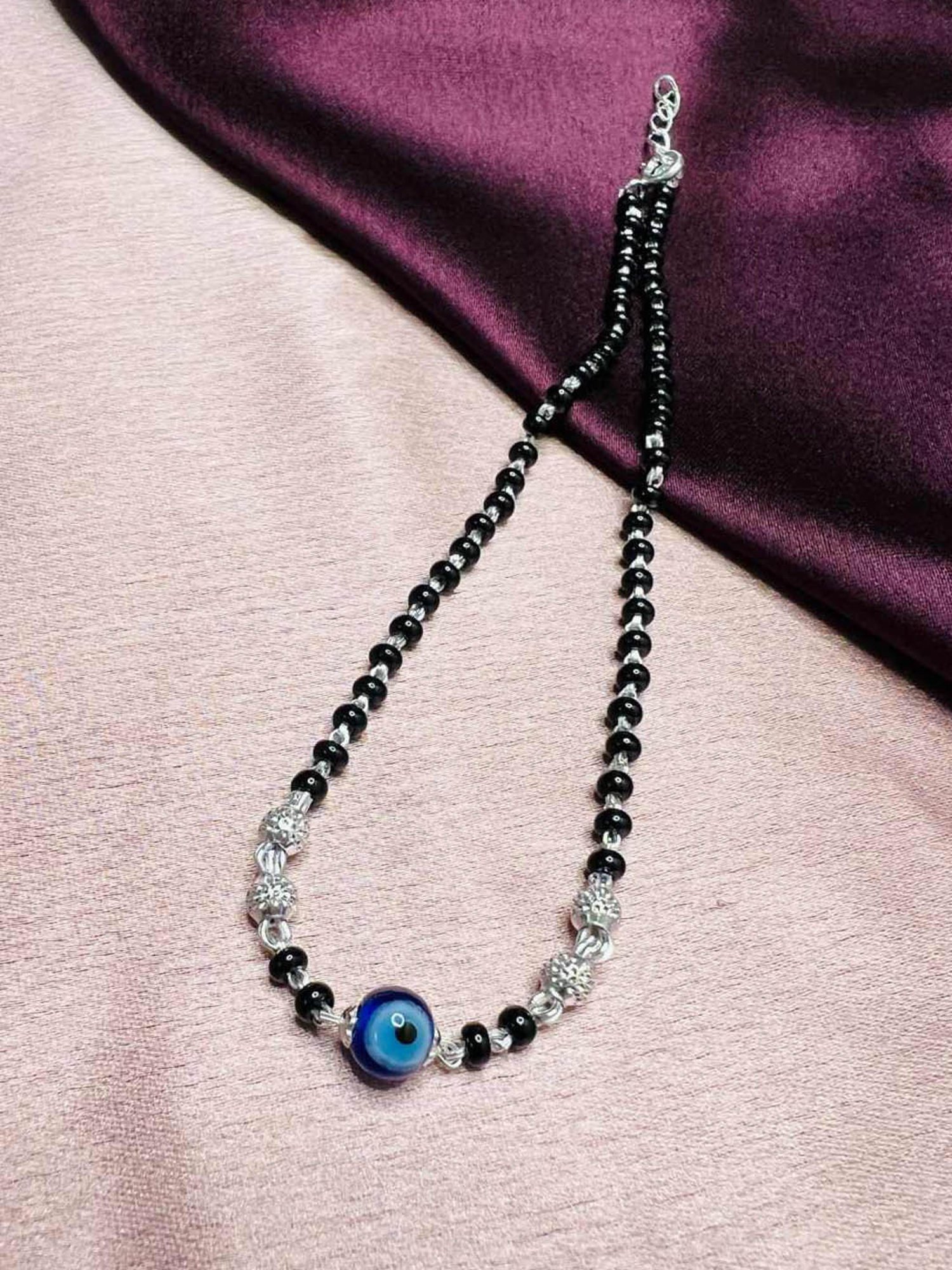 Arte Jewels 925 Sterling Silver Black Beads Evil Eye Anklet for Women & Girls (Single Anklet)